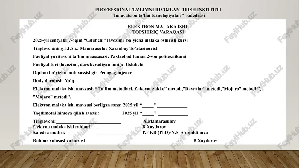oshpaz-qandolat avtomobillarga texnik xizmat ko`rsatish yo`nalishi andijon viloyati paxtaobod tuman 2-son politexnikumi to‘g‘risida ma’lumot direktor: raxmonov g’ofurjon abdusattorovich mavzuning dolzarbligi: o`qitish samaradorligini aniqlash, o`qitishning qanday samaralar berayotganini baholash va o`qitish metodikasini yaxshilash uchun kerakli metodlardan foydalanib o`tkazish bugungi kunning dolzarb masalalaridan hisoblanadi. elektron malaka ishining vazifasi: ”zakovat-zukko” metodini tahlil qilish ”davralar” metodini tahlil qilish ”mojaro” metodini tahlil qilish xulosa va takliflar tayyorlash elektron malaka ishining ob’ekti: andijon viloyati paxtaobod tuman 2-son politexnikumi elektron malaka ishining predmeti:“o‘qitish metodlarini tahlili.”zakovat-zukko”metodi,”davralar metodi”, ”mojaro” metodi”. elektron malaka ishining maqsad : ”zakovat-zukko”, ”davralar” va ”mojaro” o‘qitish metodlarini tahlili qilish va ta’lim jarayoniga tadbiq etish. amaliy ahamiyati. mazkur elektron malaka ishidagi ”zakovat-zukko”, ”zakovat-zukko”, ”mojaro” o‘qitish metodlaridan kasbiy ta’lim muassasalarining o‘qitvchilari foydalanib dars jarayonida qo‘llashlari mumkin 4 "zakovatli zukko" metodi. "zakovatli zukko" metodi o’quvchilarda tezkor fikrlash ko’nikmalarini shakllantirish, shuningdek, ularning tafakkur tezliklarini aniqlashga yordam beradi. mavjud bilimlarni puhta o’zlashtirishda o’quvchilarning fikrlash, tafakkur yuritish layoqatlariga egaliklari muhim axamiyatga …