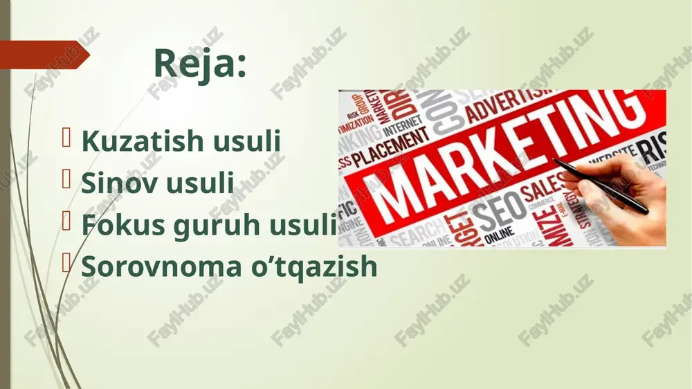 avomida yuzaga keladigan marketing savollariga javob olishdir. ko'pgina fokus-guruh nashrlari loyiha muvaffaqiyati uchun to'g'ri moderatorni tanlash muhimligini ta'kidlaydi. fokus-guruh - bu maxsus tayyorlangan intervyuer-moderator tomonidan tadqiqot maqsadlari asosida belgilangan mezonlarga javob beradigan bir guruh odamlar bilan tabiiy va norasmiy suhbat shaklida o'tkaziladigan suhbatdir. sorovnoma o’tqazish kiyim olganda nimaga e’tibor berasiz? qulayligiga narxiga sifatiga kiyim rangi va printi qanday bo’lishi kerak och ranglarda yorqin ranglarda har – hil ranglarda yoshingiz nechida? bo’yingiz uzunligi qanday uzunlikda kiyimlarni ko’proq kiyishni yaxshi ko’rasiz? o’qiysizmi yoki ishlaysizmi?(qayerda?) qanday narxga sotib olishni hohlar edingiz? oversize ( keng ) kiyimlarga qanday qaraysiz? milliy printlarni har kungi kundalik kiymingizda bo’lishini istarmidingiz? e’tboringiz uchun rahmat! image1.png image2.png /docprops/thumbnail.jpeg