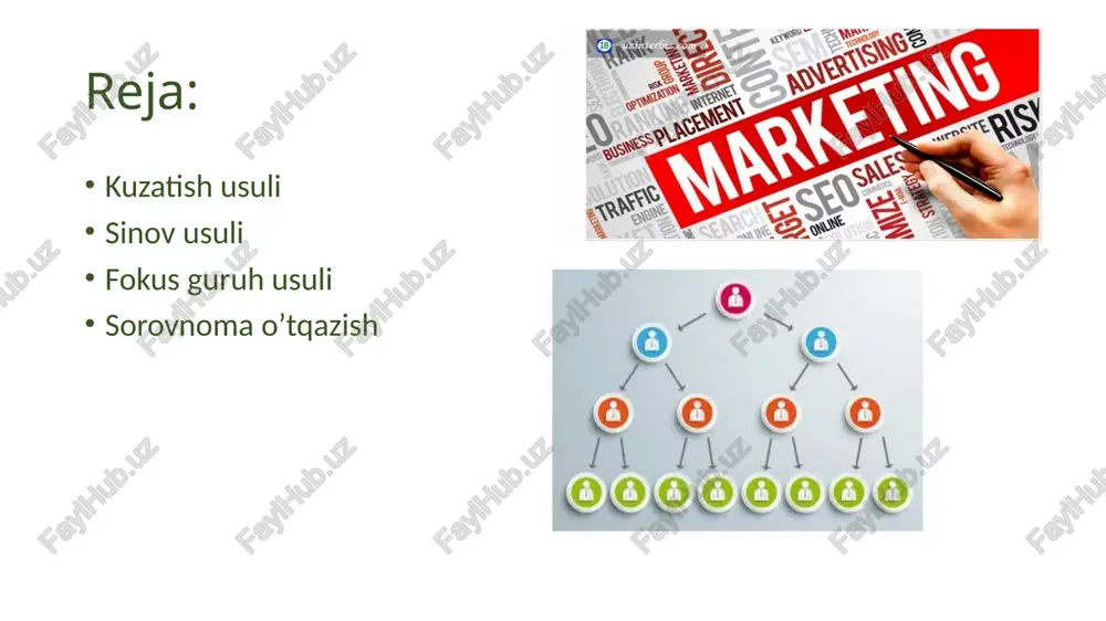 y vazifasi odamlar bilan suhbatlar davomida yuzaga keladigan marketing savollariga javob olishdir. ko'pgina fokus-guruh nashrlari loyiha muvaffaqiyati uchun to'g'ri moderatorni tanlash muhimligini ta'kidlaydi. fokus-guruh - bu maxsus tayyorlangan intervyuer-moderator tomonidan tadqiqot maqsadlari asosida belgilangan mezonlarga javob beradigan bir guruh odamlar bilan tabiiy va norasmiy suhbat shaklida o'tkaziladigan suhbatdir. sorovnoma o’tqazish kiyim olganda nimaga e’tibor berasiz? qulayligiga narxiga sifatiga kiyim rangi va printi qanday bo’lishi kerak och ranglarda yorqin ranglarda har – hil ranglarda qanday uzunlikda kiyimlarni ko’proq kiyishni yaxshi korasiz? uzun ko’ylaklar kalta ko’ylaklar fransuz uzunlik yoshingiz nechida? boyingiz uzunligi sotib olmoxchi bo‘lgan kiymingiz taxminan qancha turadi? 300.000 - 400.000 1.000.000 180.000 – 280.000 oversize ( keng ) kiyimlarga qanday qaraysiz? menga yoqadi kiyib korgan bo’lardim yoqmaydi milliy printlarni har kungi kundalik kiymingizda bo’lishini istarmidingiz? yoq xa farqi yoq e’tboringiz uchun rahmat! image1.png image2.png image3.png /docprops/thumbnail.jpeg