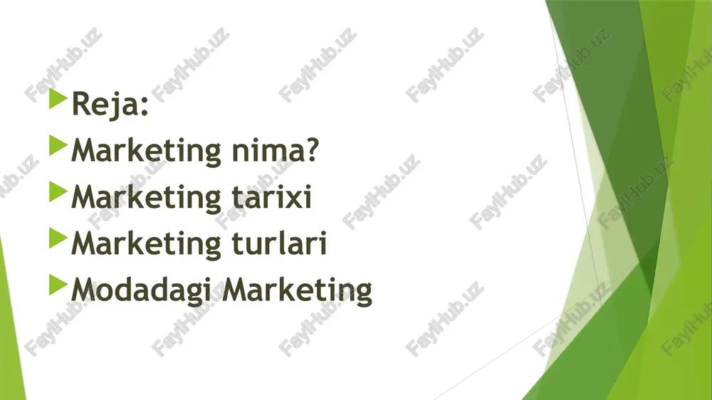 hun yagona yo’naltiriladigan jarayonga birlashishi sodir bo’ladi, bu esa o’z navbatida turli xil marketing turlarining harakatlanishini belgilab beradi. strategik marketing. bozorni strategik segmentlash asosida firma strategiyasini shakllantirish, tovarlar sifatini oshirish, ishlab chiqarishni rivojlantirish va raqobatbardoshlik me'yorlari strategiyasini prognozlash bo’yicha ishlarning kompleksi. taktik marketing. bozorni taktik (qisqa muddatli) segmentlash, reklama va tovarlar sotilishini rag’batlantirish bo’yicha ishlar kompleksi. jamoatchilik xususiyatiga ega bo’lgan g’oyalar marketingi. maqsadli guruh (yoki maqsadli guruhlar) tomonidan ijtimoiy g’oya, harakat yoki amaliyotni qabul qilishlariga erishish maqsadida amalga oshiriladigan dasturlarni ishlab chiqish, hayotga tadbiq etish va bajarilishini nazorat qilish. joylar marketingi. alohida joylar, ob'ektlarning joylashishiga nisbatan mijozlarning munosabatini paydo qilish, saqlab turish yoki o’zgartirish bo’yicha faoliyat. ichki marketing. firma ichida mijozlar bilan ishlaydigan xodimlarni o’qitish va motivlashtirish bo’yicha amalga oshiriladigan marketing. tashkilotlar marketingi. mazkur firmani qiziqtiradigan hamma shaxslar va tashkilotlarning m unosabatini va xatti- harakatlarini paydo qilish, saqlab turish yoki o’zgartirishga yo’naltirilgan faoliyat. xalqaro (global) marketing. firmaning xalqaro miqyosdagi faoliyati …