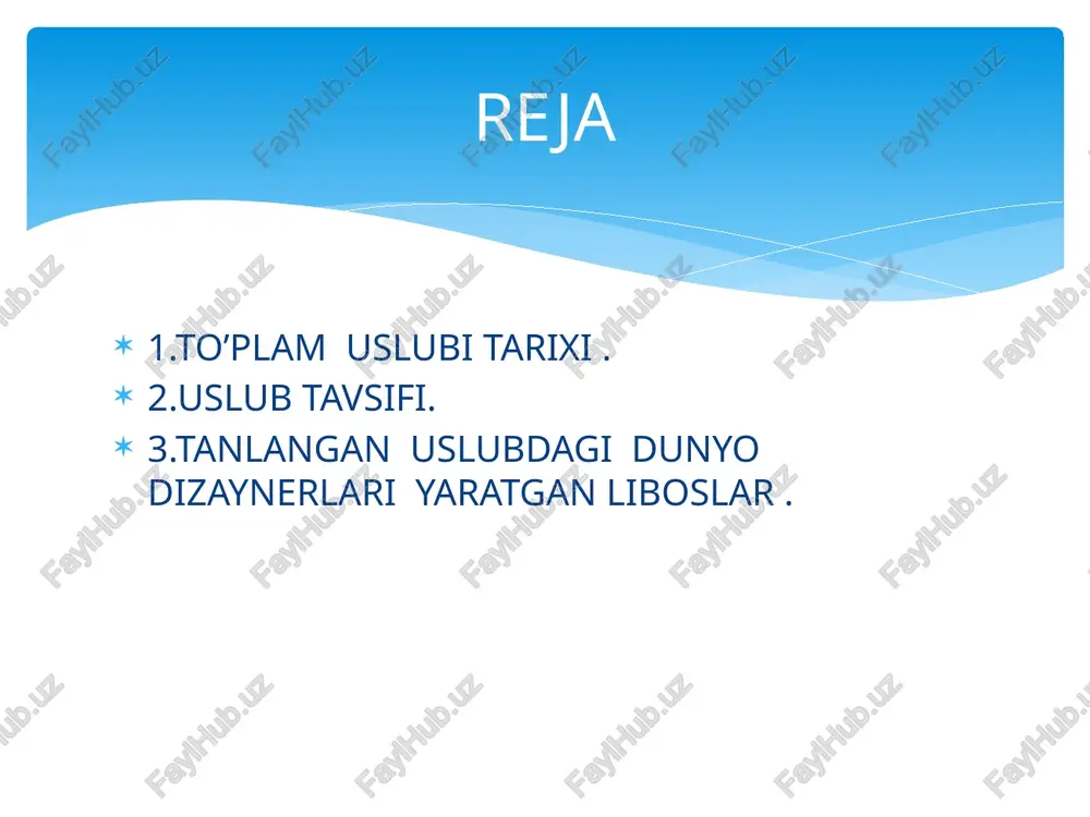 bek ipak ,nimshoyi, beqasam,banoras, adras , gazlamalardan tikilgan turfa kiyimlar boy –badavlat kishilar orasida rasm bo’lgan. baxmal –ola baxmal ,duxoba –mayin ,silliq,patli,gazlama. patlari tabbiy yoki sunniy ipakdan, zamini ip yoki kanobdan to’qiladi. baxmal ishlab chiqarish buxoroda ayniqsa 19- asrda rivojlangan. baxmal gazlamalarning silliq,guldor,siqiq bosma va boshqa turlari ishlanmoqda .zamonaviy baxmal lar naqshlari tayyor gazmol ustiga bosilishi bilan 20 –asr boshlarigacha to’qilgan. milliy matolarning turlari. denim bu tanish tasodifiy uslubdan ajralib turadigan mutlaqo mustaqil uslub. uslubning o’ziga xosligi shundaki, u hech qachon modadan tashqariga chiqmagan . moda dizaynerlari vaqti-vaqti bilan unga qaytib bizni klassika va kutilmagan kombinatsiyalar bilan quvontiradilar. daniy chinakam universal mato bolib , bugungi kunda hamma narsa kiyim –kechakdan aksesuarlar va poyabzalgacha ishlab chiqariladi. denim fransuzcha ,,nimesdan mato’’ –bu mustahkam paxta matosi bo’lib ,unda to’quv paxta ikki yoki undan ortiq o’ralgan iplar ostidan o’tadi.jensi birinchi marta fransiyaning nimes shahrida ishlab chiqarilgan. denim uslubi. ,,jinsi’’ ingilizcha ,,jeans’’ so’zining talaffuzdagi korinishi …