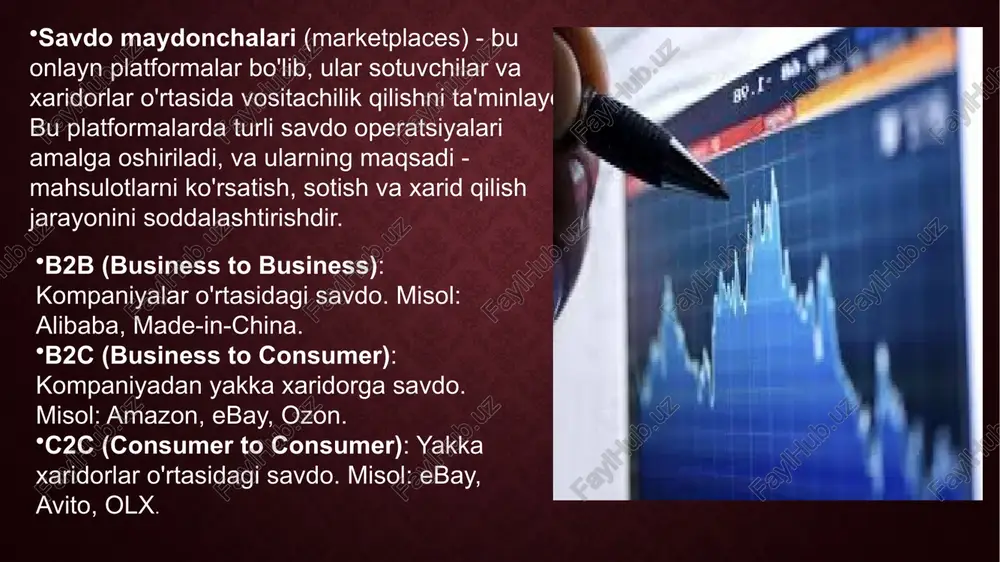 yalar o'rtasidagi savdo. bu modelda kompaniyalar o'zaro tovarlar yoki xizmatlar almashadi (masalan, ishlab chiqaruvchilar va ulgurji sotuvchilar). b2c (business to consumer) - kompaniyalar va yakka tartibdagi iste'molchilar o'rtasidagi savdo. misollar: amazon, walmart. c2c (consumer to consumer) - iste'molchilar o'rtasida savdo qilish. bu modelda foydalanuvchilar bir-biriga tovar yoki xizmatlarni sotadilar (masalan, ebay yoki olx). seo (search engine optimization) - bu onlayn biznesning eng muhim atamalaridan biri bo'lib, internetda saytlarni qidiruv tizimlarida yuqori o'rinlarga joylashish uchun amalga oshiriladigan harakatlar yig'indisi. seo orqali veb-saytning ko'rinishini yaxshilash, onlayn trafikka erishish va sotuvlarni oshirish mumkin crm (customer relationship management) - mijozlar bilan munosabatlarni boshqarish tizimi bo'lib, bu vosita kompaniyalarga mijozlar bilan samarali va doimiy aloqada bo'lishni ta'minlaydi, shuningdek, ularning ehtiyojlari va istaklarini tahlil qilishga yordam beradi. orqaga chatbotlar va live support: mijozlarga onlayn yordam ko'rsatish uchun chatbotlar yoki jonli qo'llab-quvvatlash tizimlari qo'llaniladi. bu vositalar orqali mijozlar tezda savollarga javob oladi va o'z muammolarini hal qilishadi, …