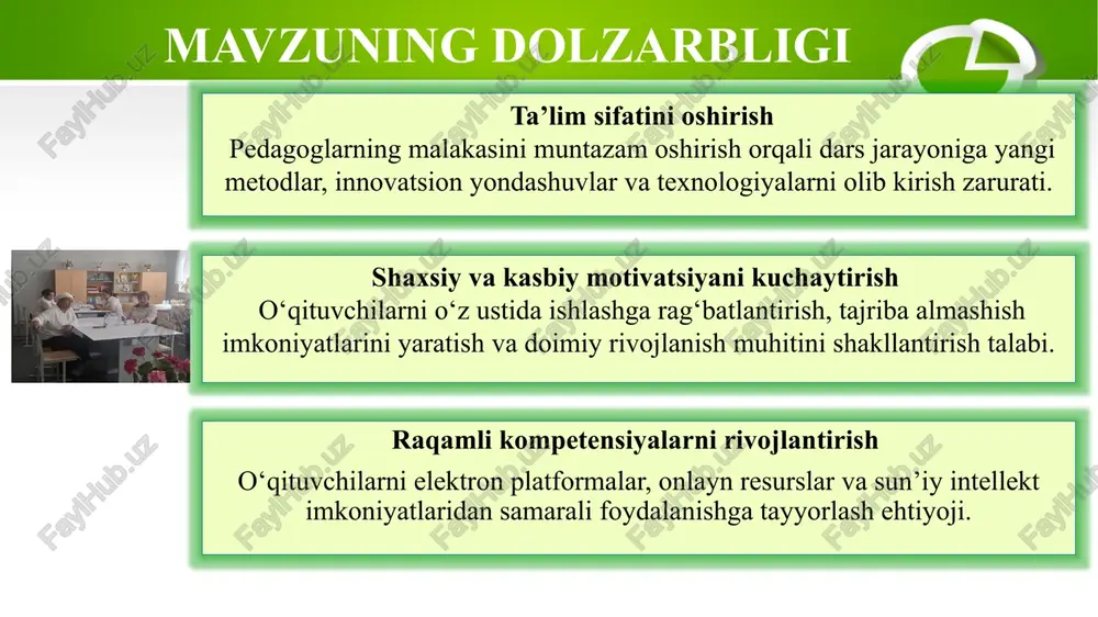 jihatlarini belgilaydi. “kasbiy rivojlantirish soati” kabi faoliyatlar bu tizimda metodik jihatdan strukturaviy element sifatida ko‘zda tutilgan. maktabgacha va maktab ta’limi vazirining “kasbiy rivojlanish kuni” va “kasbiy rivojlantirish soati”ni joriy etish to‘g‘risida 7-avgust 2024 246-son buyrug‘i ushbu buyruq “kasbiy rivojlanish kuni” hamda unda tashkil etiladigan “kasbiy rivojlantirish soati” tadbirlarini umumta’lim maktablarida bosqichma-bosqich joriy etishni belgilaydi. mentor-o‘qituvchilar uchun qo‘shimcha ustama to‘lanishi, dars mashg‘ulotlaridan voz kechilishi va metodik hamkorlik, dars kuzatish, refleksiv amaliyot kabi faoliyatning tartibi ushbu hujjat bilan akademik va amaliy jihatdan normallashtiriladi. mavzuga oid adabiyotlar tahlili jo‘rayev a. 2023 yil. “maktabda pedagoglarning kasbiy rivojlanish soatini tashkil etish tajribalari” bu tadqiqotda kasbiy rivojlanish soatlarini samarali tashkil etishning maktab amaliyotidagi yondashuvlari, o‘qituvchilarning o‘zaro hamkorligi va ustoz-shogird tizimining afzalliklari o‘rganilgan. muallif soatlarni motivatsion va refleksiv faoliyatlar bilan boyitish zarurligini ta’kidlaydi, shuningdek, o‘qituvchilarning kasbiy o‘sishi ta’lim sifatiga qanday ta’sir qilishi ilmiy jihatdan asoslab berilgan. rahmonova d. 2023 yil. “kasbiy rivojlanishning zamonaviy shakllari va maktab tajribasi” …