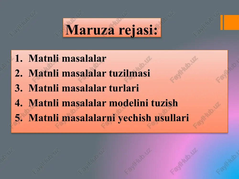 an sarflandi. agar xar bir kofta uchun 2 m. mato ketsa, shu matodan nechta kofta tikish mumkin? murakkab masasalalar masalalar turlari odatda matematikada matnli masalalar berilishi, mazmuni va mohiyatiga qarab quyidagi turlarga ajratiladi: butun qiymatli o‘zgaruvchili; 2) harakatga bog‘liq; 3) noma’lumlar tenglamalarini tuzib yechiladigan; 4) tengsizliklar tuzib yechiladigan; 5) «konsentratsiya» va «protsent» tushunchasi bilan bog‘liq bo‘lgan; 6) turli masalalar. matnli masalalar modelini tuzish murod 4 ta uychani rasmini chizdi. aziza esa undan 3 taga ko’proq uychani rasmini chizdi. murod va aziza birgalikda nechta uychani rasmini chizishdi? 10 matnli masalalarni yechish usullari arifmetik usul - masaladagi savolga javobni berilgan (miqdorlar) sonlar asosida arifmetik ifoda tuzish orqali yechish usuli. algebraik usul - masaladagi savolga javobni berilgan (miqdorlar) sonlar asosida tenglama tuzish va uni yechish usuli. grafik usul - masaladagi savolga javobni berilgan (miqdorlar) sonlar asosida sxema yoki grafik chizish orqali yechish usuli. arifmetik usul qutida 36 archani bezash sharchalari bor edi. onasi …