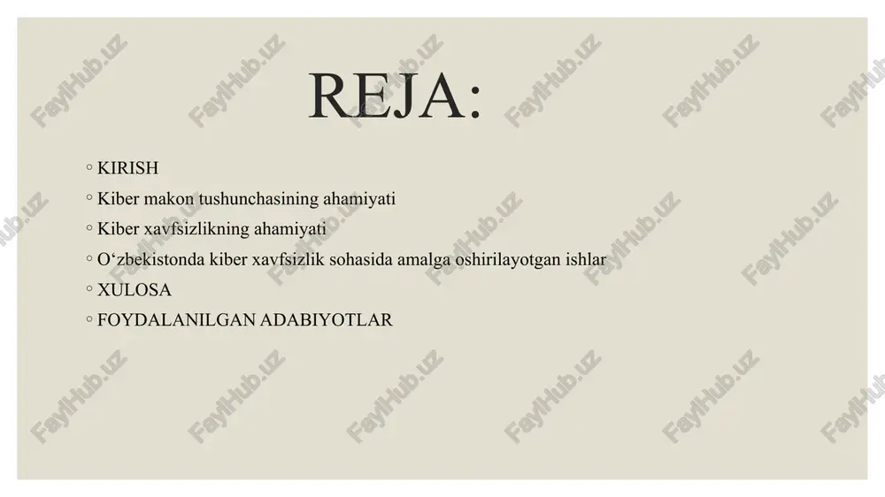 qarorlikni saqlaydi. kiber jinoyatlar, viruslar va tarmoqli hujumlarga qarshi kurashni kuchaytiradi. xalqaro darajada ham hamkorlikni talab etadi. kiber xavfsizlikning maqsadi — internet orqali sodir bo'lishi mumkin bo'lgan zararli hujumlar va kiberhujumlardan himoya qilish, shaxsiy va korporativ ma'lumotlarni o'g'irlashdan saqlanish, tizimlar va tarmoqlarni zararli dasturlardan (masalan, viruslar, troyanlar, ransomware) himoya qilishdan iborat. kiber xavfsizlikka kriptografiya, xavfsiz tarmoq protokollari, antivirus dasturlari, xavfsizlik devorlari (firewall) va boshqa himoya vositalari kiradi. kiberhujumlar va xakerlik, masalan, tizimga kirish, shaxsiy ma'lumotlarni o'g'irlash, zararli dasturlarni tarqatish yoki tarmoqni halokatga uchratish kabi xatti-harakatlarni o'z ichiga oladi. kiber xavfsizlikning maqsadi o‘zbekistonda kiber xavfsizlik sohasida amalga oshirilayotgan ishlar “kiberxavfsizlik markazi” tashkil etilgan. “raqamli o‘zbekiston – 2030” strategiyasida axborot xavfsizligi asosiy yo‘nalish sifatida belgilangan. ta’lim muassasalarida kiber madaniyat va axborot gigiyenasi bo‘yicha darslar joriy etilmoqda. yoshlarni onlayn firibgarlik va kiber tahdidlardan himoya qilish bo‘yicha loyihalar amalga oshirilmoqda. kiber xavfsizlikning boshqa jihatlari kiber xavfsizlikning boshqa jihatlari — internetda shaxsiy ma'lumotlarning maxfiyligini saqlash, …