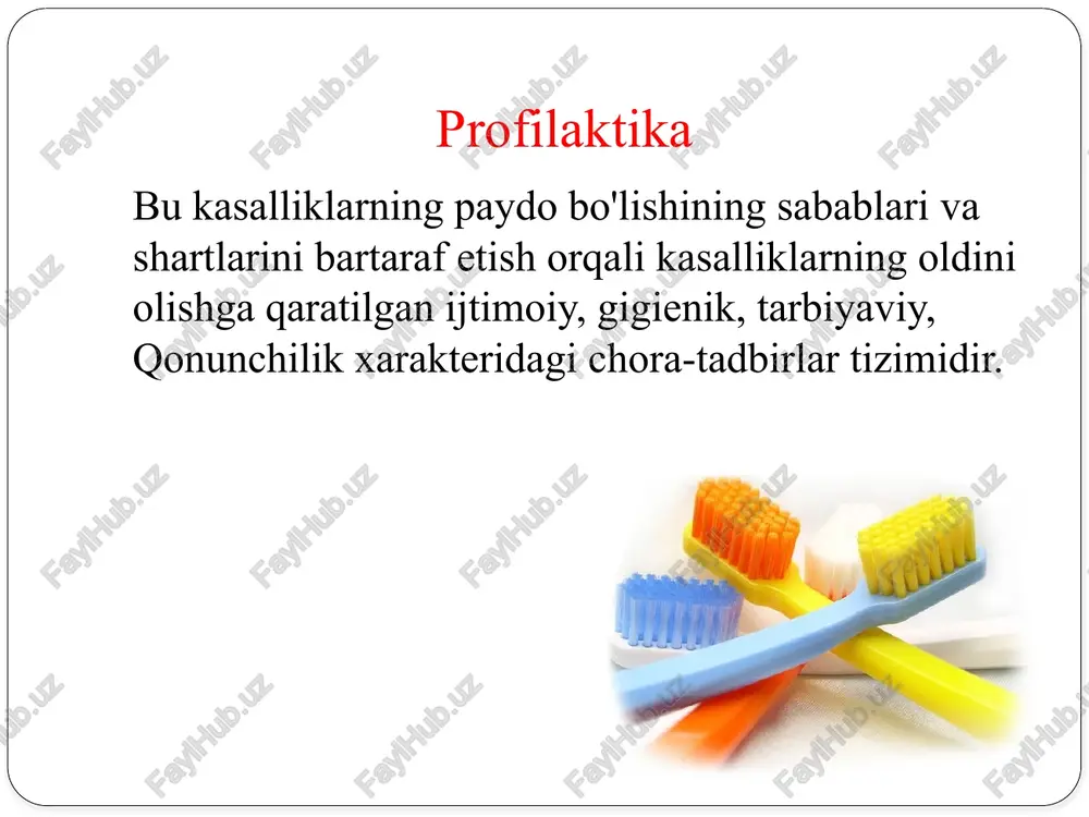 arini ham o'z ichiga oladi. profilaktika dasturlarini rejalashtirish va amalga oshirish bosqichlari. asosiy muammolarni aniqlash; maqsad va vazifalarni shakllantirish; profilaktika usullari va vositalarini tanlash; kadrlar tayyorlash; dasturni amalga oshirish; dastur samaradorligini baholash. asosiy profilaktika choralari va ularning chastotasi aholining barcha yosh guruhlarida muntazam ravishda o'tkazilishi kerak. profilaktika dasturlari davlat, mintaqaviy va mahalliy darajada amalga oshirilishi mumkin. dasturni tanlash mintaqaning ehtiyojlariga, belgilangan maqsadlarga va mavjud resurslarga bog'liq. asosiy muammolarni aniqlash. muayyan profilaktika dasturini tanlashdan oldin, ushbu mintaqada mavjud bo'lgan tish kasalliklarini aniqlash kerak.rejalashtirishda quyidagilarni hisobga olish kerak : mintaqadagi demografik jarayonlarning dinamikasi; atrof-muhit holati; xodimlar va moddiy resurslarning mavjudligi; aholining tish holati. mintaqadagi tish muammolarini aniqlashda asosiy o'rin aholi orasida tish kasalliklarini o'rganishdir. buning uchun turli yosh guruhlari aholisini epidemiologik stomatologik tekshirish va olingan ma'lumotlar asosida amalga oshiriladi. har qanday epidemiologik tekshiruv ketma-ket 3 bosqichdan iborat : tayyorgarlik davri, haqiqiy tekshiruv, natijalarni tahlil qilish. tayyorgarlik bosqichi og'iz bo'shlig'i organlari va to'qimalarining …