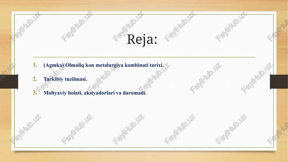 b, u bir necha yirik bo‘lim va sexlardan tashkil topgan. 🔹 1. asosiy ishlab chiqarish bo‘linmalari: mis boyitish fabrikasi – mis rudalarini qayta ishlaydi. rux zavodi – rux va qo‘shma metallarni ajratib oladi. oltingugurt kislotasi zavodi – mis eritish jarayonida hosil bo‘ladigan gazlardan kislota ishlab chiqaradi. mis eritish zavodi (mpez) – asosiy metallurgiya sexi bo‘lib, mis katodlarini ishlab chiqaradi. metall quyish sexi – mis, rux, oltin, kumush kabi metallarni tayyor mahsulotga aylantiradi. 2. yordamchi bo‘linmalar: energetika xo‘jaligi – ishlab chiqarish uchun elektr va issiqlik energiyasi bilan ta’minlaydi. transport va logistika bo‘limi – xomashyo va tayyor mahsulot tashish bilan shug‘ullanadi. ta’mirlash-mexanik sexi – uskunalar va mashinalarni ta’mirlash ishlarini bajaradi. 🔹 3. ijtimoiy va boshqaruv tizimi: ma’muriyat va boshqaruv markazi – korxonaning strategik rejalashtiruvini amalga oshiradi. “okmk” sport klubi, sog‘liqni saqlash, ta’lim va madaniyat muassasalari ham kombinata qarashli. moliyaviy holati ko‘rsatkich qiymati / o‘sish tendensiyalari 2025 yil 1-chorak sof foyda ~ 1 …