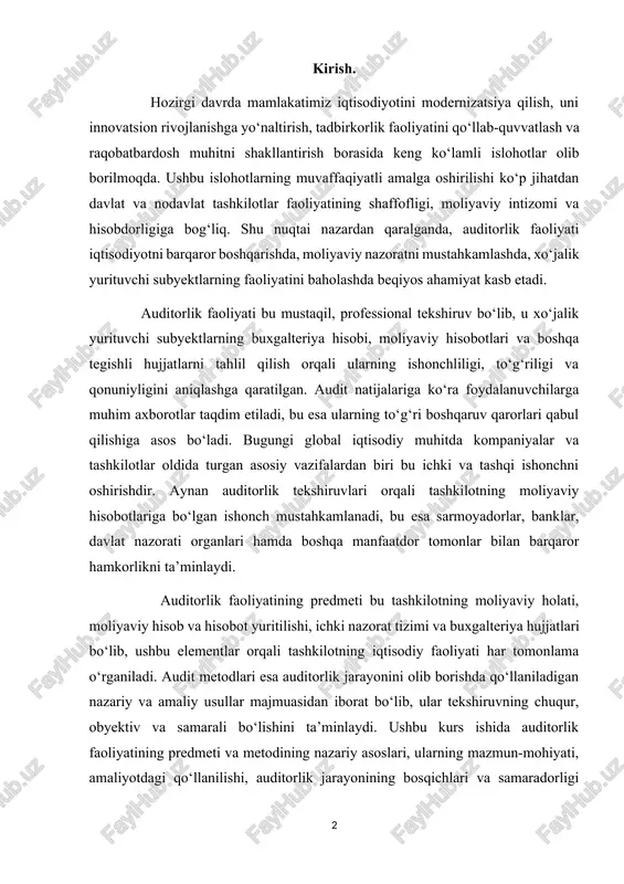 onlama o‘rganiladi. audit metodlari esa auditorlik jarayonini olib borishda qo‘llaniladigan nazariy va amaliy usullar majmuasidan iborat bo‘lib, ular tekshiruvning chuqur, obyektiv va samarali bo‘lishini ta’minlaydi. ushbu kurs ishida auditorlik faoliyatining predmeti va metodining nazariy asoslari, ularning mazmun-mohiyati, amaliyotdagi qo‘llanilishi, auditorlik jarayonining bosqichlari va samaradorligi tahlil qilinadi. shuningdek, auditorlik faoliyatining xo‘jalik yurituvchi subyektlar boshqaruvida tutgan o‘rni, ahamiyati va amaliy natijalari yoritib beriladi. 1.1 auditorlik faoliyatining maqsadi, vazifalari va ma’lumot manbalari bugungi kunda auditorlik faoliyati iqtisodiyotni samarali boshqarish, moliyaviy nazoratni kuchaytirish hamda xo‘jalik yurituvchi subyektlar faoliyatining qonuniylik, shaffoflik va ishonchlilik darajasini oshirishda muhim o‘rin tutadi. auditorlik bu mustaqil va professional tekshiruv bo‘lib, u korxona va tashkilotlarning moliyaviy-xo‘jalik faoliyatini baholash, ularning hisob va hisobotlarini tahlil qilish orqali xatoliklar, qonunbuzarliklar yoki noaniqliklarni aniqlashga xizmat qiladi. auditorlik faoliyatining asosiy maqsadi auditorlikning bosh maqsadi tashkilot tomonidan tuzilgan moliyaviy hisobotlarning haqqoniyligi, to‘liqligi va qonuniyligini mustaqil baholashdir. bunda auditor nafaqat xatolarni aniqlash, balki ularni keltirib chiqaruvchi omillarni tahlil …