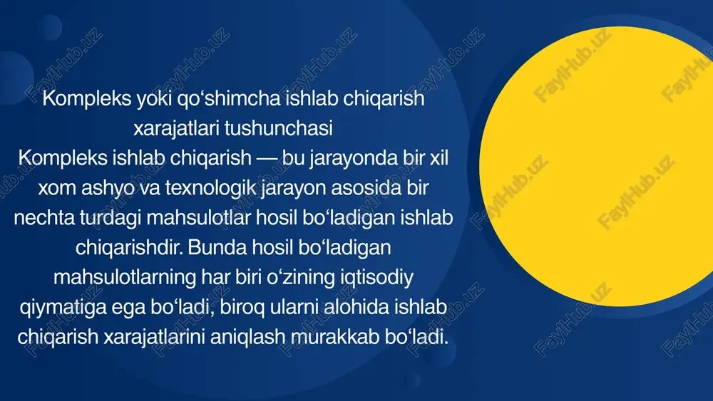 ahlilini to‘g‘ri yuritish imkonini beradi; rejalashtirish va buxgalteriya hisobi uchun asos bo‘lib xizmat qiladi. agar xarajatlar noto‘g‘ri taqsimlansa: ayrim mahsulotlar ortiqcha baholanishi, boshqalari esa sun’iy arzon ko‘rsatilib, foyda tahliliga salbiy ta’sir qiladi. a) fizik hajm (miqdoriy) usuli xarajatlar mahsulotlarning miqdoriy hajmi (kg, litr, tonna, dona) bo‘yicha taqsimlanadi. bu usul, agar barcha mahsulotlar bir xil qiymat yoki ahamiyatga ega bo‘lsa, qo‘llanadi. formula: xi=vi∑vi×xumumiyx_i = \frac{v_i}{\sum v_i} \times x_{umumiy}xi​=∑vi​vi​​×xumumiy​ bu yerda: xix_ixi​ — i-mahsulotga to‘g‘ri keladigan xarajat; viv_ivi​ — i-mahsulot hajmi; xumumiyx_{umumiy}xumumiy​ — umumiy kompleks xarajatlar summasi. xarajatlarni taqsimlash usullari kompleks ishlab chiqarishda olingan mahsulotlar o‘rtasida xarajatlarni taqsimlash uchun bir nechta usullar qo‘llaniladi. asosiy usullar quyidagilardir: a) fizik hajm (miqdoriy) usuli xarajatlar mahsulotlarning miqdoriy hajmi (kg, litr, tonna, dona) bo‘yicha taqsimlanadi. bu usul, agar barcha mahsulotlar bir xil qiymat yoki ahamiyatga ega bo‘lsa, qo‘llanadi. formula: xi=vi∑vi×xumumiyx_i = \frac{v_i}{\sum v_i} \times x_{umumiy}xi​=∑vi​vi​​×xumumiy​ bu yerda: xix_ixi​ — i-mahsulotga to‘g‘ri keladigan xarajat; viv_ivi​ — i-mahsulot …
