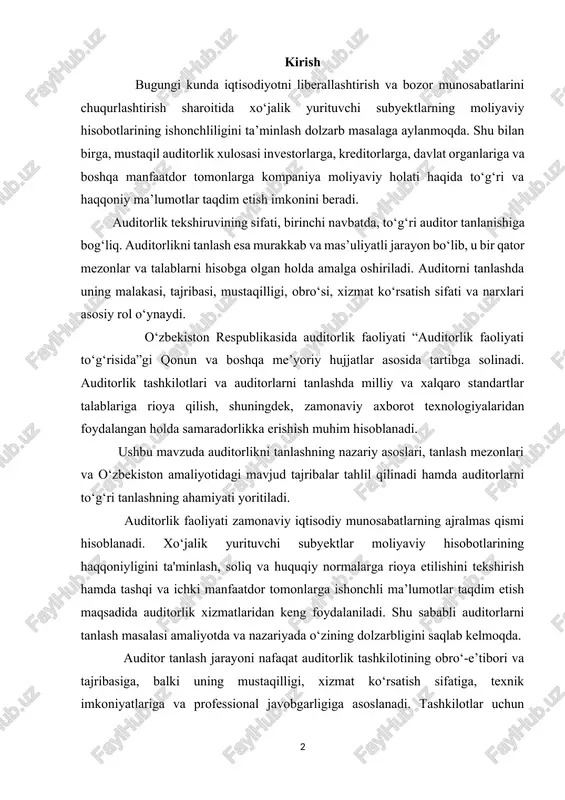 adi. shu sababli auditorlarni tanlash masalasi amaliyotda va nazariyada o‘zining dolzarbligini saqlab kelmoqda. auditor tanlash jarayoni nafaqat auditorlik tashkilotining obro‘-e’tibori va tajribasiga, balki uning mustaqilligi, xizmat ko‘rsatish sifatiga, texnik imkoniyatlariga va professional javobgarligiga asoslanadi. tashkilotlar uchun malakali va ishonchli auditorni tanlash ularning biznesdagi barqarorligi va moliyaviy xavfsizligini ta'minlashda muhim ahamiyat kasb etadi. bugungi globallashuv davrida auditorlarni tanlashda xalqaro standartlar va tavsiyalarga rioya qilish alohida ahamiyat kasb etmoqda. xalqaro tajriba shuni ko‘rsatadiki, auditorni tanlashda oshkoralik, raqobatbardoshlik va adolat tamoyillariga amal qilish moliyaviy shaffoflikni oshirishda muhim rol o‘ynaydi. o‘zbekiston respublikasida auditorlik faoliyatini rivojlantirish va takomillashtirish borasida qator islohotlar amalga oshirilmoqda. auditorlik tashkilotlari faoliyati ustidan nazoratni kuchaytirish, auditorlar malakasini oshirish va xalqaro amaliyotga mos standartlarni joriy etish orqali auditorlik xizmatlarining sifati yaxshilanmoqda. ushbu mavzuda auditorlikni tanlashning nazariy va amaliy jihatlari, auditorlik tashkilotlarini tanlashda e’tibor qaratilishi lozim bo‘lgan asosiy mezonlar va o‘zbekistondagi amaliy tajriba tahlil qilinadi. 1. auditorlikni tanlashning nazariy asoslari auditorlikni tanlash jarayoni …