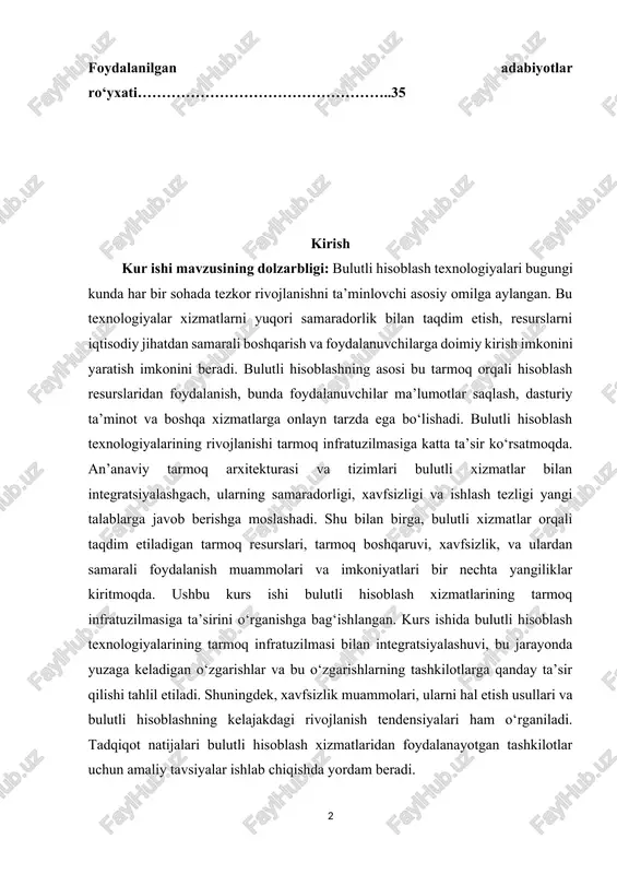 bilan integratsiyalashgach, ularning samaradorligi, xavfsizligi va ishlash tezligi yangi talablarga javob berishga moslashadi. shu bilan birga, bulutli xizmatlar orqali taqdim etiladigan tarmoq resurslari, tarmoq boshqaruvi, xavfsizlik, va ulardan samarali foydalanish muammolari va imkoniyatlari bir nechta yangiliklar kiritmoqda. ushbu kurs ishi bulutli hisoblash xizmatlarining tarmoq infratuzilmasiga ta’sirini o‘rganishga bag‘ishlangan. kurs ishida bulutli hisoblash texnologiyalarining tarmoq infratuzilmasi bilan integratsiyalashuvi, bu jarayonda yuzaga keladigan o‘zgarishlar va bu o‘zgarishlarning tashkilotlarga qanday ta’sir qilishi tahlil etiladi. shuningdek, xavfsizlik muammolari, ularni hal etish usullari va bulutli hisoblashning kelajakdagi rivojlanish tendensiyalari ham o‘rganiladi. tadqiqot natijalari bulutli hisoblash xizmatlaridan foydalanayotgan tashkilotlar uchun amaliy tavsiyalar ishlab chiqishda yordam beradi. bulutli hisoblash texnologiyalari so‘nggi yillarda it sohasida inqilobiy o‘zgarishlarga sabab bo‘lib, kompaniyalar va tashkilotlarning ish faoliyatini samarali va tejamkor tarzda tashkil etishda muhim rol o‘ynaydi. ushbu texnologiyalar yordamida ma’lumotlar saqlash, hisoblash quvvatlari va dasturiy ta’minot xizmatlari internet orqali taqdim etiladi, bu esa foydalanuvchilarga kerakli resurslarga istalgan vaqtda va joyda kirish …