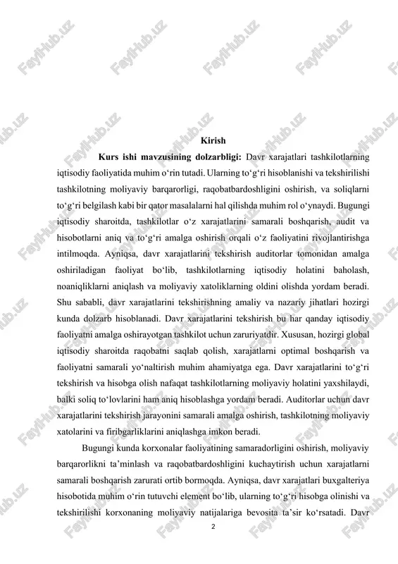 olishda yordam beradi. shu sababli, davr xarajatlarini tekshirishning amaliy va nazariy jihatlari hozirgi kunda dolzarb hisoblanadi. davr xarajatlarini tekshirish bu har qanday iqtisodiy faoliyatni amalga oshirayotgan tashkilot uchun zaruriyatdir. xususan, hozirgi global iqtisodiy sharoitda raqobatni saqlab qolish, xarajatlarni optimal boshqarish va faoliyatni samarali yo‘naltirish muhim ahamiyatga ega. davr xarajatlarini to‘g‘ri tekshirish va hisobga olish nafaqat tashkilotlarning moliyaviy holatini yaxshilaydi, balki soliq to‘lovlarini ham aniq hisoblashga yordam beradi. auditorlar uchun davr xarajatlarini tekshirish jarayonini samarali amalga oshirish, tashkilotning moliyaviy xatolarini va firibgarliklarini aniqlashga imkon beradi. bugungi kunda korxonalar faoliyatining samaradorligini oshirish, moliyaviy barqarorlikni ta’minlash va raqobatbardoshligini kuchaytirish uchun xarajatlarni samarali boshqarish zarurati ortib bormoqda. ayniqsa, davr xarajatlari buxgalteriya hisobotida muhim o‘rin tutuvchi element bo‘lib, ularning to‘g‘ri hisobga olinishi va tekshirilishi korxonaning moliyaviy natijalariga bevosita ta’sir ko‘rsatadi. davr xarajatlarini tekshirish orqali korxona faoliyatida yuzaga kelishi mumkin bo‘lgan moliyaviy xatoliklar, noto‘g‘ri hisob-kitoblar va firibgarlik holatlarini aniqlash imkoniyati yaratiladi. bu esa, o‘z navbatida, korxonaning …