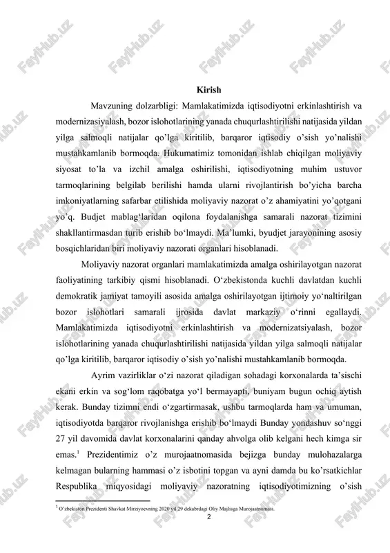 i, buniyam bugun ochiq aytish kerak. bunday tizimni endi o‘zgartirmasak, ushbu tarmoqlarda ham va umuman, iqtisodiyotda barqaror rivojlanishga erishib bo‘lmaydi bunday yondashuv so‘nggi 27 yil davomida davlat korxonalarini qanday ahvolga olib kelgani hech kimga sir emas.[footnoteref:1] prezidentimiz o’z murojaatnomasida bejizga bunday mulohazalarga kelmagan bularning hammasi o’z isbotini topgan va ayni damda bu ko’rsatkichlar respublika miqyosidagi moliyaviy nazoratning iqtisodiyotimizning o’sish tendensiyasiga ijobiy ta’sir ko’rsatmayotgani aniq. taraqqiyotning hozirgi bosqichida moliyaviy nazorat mexanizmi orqali g’aznachilik tizimini rivojlantirish, xarajatlar smetasini tuzishda budjet tashkilotlariga keng imkoniyatlar berish bilan bir vaqtda budjet xarajatlarini oshishiga yo’l qo’ymaslik iqtisodiy islohotlarni chuqurlashtirishning ustuvor vazifalari hisoblanadi. shu sababdan mazkur islohotlar ijrosida davlat budjetiga tayanilgan holda davlat ijtimoiy siyosatining amalga oshirilishiga kuchli urg‘u berilgan. 2020 yilda ijtimoiy sohada ham chuqur sifat o‘zgarishlari ro‘y berdi. bu sohaning barqaror faoliyatini ta’minlash va rivojlantirishga davlat budjeti jami xarajatlarining qariyb 65 foizi yo‘naltirilmoqda. bunda va umuman budjet ijrosi jarayonida mablag‘larning maqsadli va samarali ishlatilishini ta’minlash …