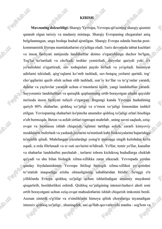 li o'zgargan. bugungi kunda yevropa hududining qariyb 80% shaharlar, qishloq xoʻjaligi va oʻrmon xoʻjaligi tomonidan tashkil etilgan. yevropaning shaharlari ko'pincha unumdor qishloq xo'jaligi erlari hisobiga o'sib bormoqda. beton va asfalt sirtlari tuproqni muhrlab , uning suvni saqlash, oziq-ovqat va biomassa ishlab chiqarish, iqlimni tartibga solish, zararli kimyoviy moddalarni buferlash va yashash joylarini ta'minlash kabi funktsiyalarini bajarishiga to'sqinlik qiladi. muhrlangan yuzalardagi yomg'ir tuproqqa singib ketishdan ko'ra oqadi, u erda filtrlanadi va er osti suvlarini to'ldiradi. yo'llar, temir yo'llar, kanallar va shaharlar landshaftni parchalab , turlarni tobora kichikroq hududlarga cheklab qo'yadi va shu bilan biologik xilma-xillikka zarar etkazadi. yevropada yerdan qanday foydalanishimiz yevropa ittifoqi biologik xilma-xillikni yo‘qotishni to‘xtatish maqsadiga erisha olmasligining sabablaridan biridir. so'nggi o'n yilliklarda evropa qishloq xo'jaligi uchun ishlatiladigan umumiy maydonni qisqartirib, hosildorlikni oshirdi. qishloq xo‘jaligining intensivlashuvi aholi soni ortib borayotgani uchun oziq-ovqat mahsulotlarini ishlab chiqarish imkonini berdi. asosan sintetik o'g'itlar va o'simliklarni himoya qilish choralariga tayanadigan intensiv qishloq xo'jaligi …
