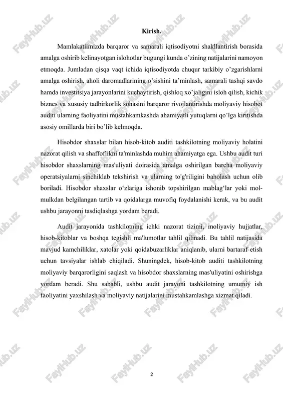 hkamlashga xizmat qiladi. 1.1 hisob-kitoblar auditining maqsadi,vazifalari va ma’lumot manbalari ishki hisob-kitob muomalalari xodimlar va yollangan shaxslar bilan mehnat haqi bo’yisha, hisobdor shaxslar va boshqa muomalalar bo’yisha xodimlar bilan hisob-kitoblarni o’z ishiga oladi. bu hisob-kitoblar asosan naqd pul bilan amalga oshiriladi. shuning ushun ishki hisob-kitoblar ataylab yoki bilmasdan ko’p hatokamshiliklarga yo’l qo’yiladigan soha bo’lib, auditordan tekshiruvda maxsus e’tibor qaratishni talab etadi. ishki hisob-kitoblarni auditorlik tekshiruvidan o’tkazishdan asosiy maqsad buxgalterlik hisobotidagi ishki hisob-kitob muomalalariga doir debitorlar va majburiyatlar aks ettiriladigan bo’limning ishonshliligi, qo’llanilayotgan hisob va soliqqa tortish uslubiyotining amaldagi me’yoriy hujjatlarga muvofiqligi to’g’risida fikr shakllantirishdan iborat. ishki hisob-kitob muomalalarini auditorlik tekshiruvidan o’tkazishning maqsadi quyidagilarni aniqlashdan iborat[footnoteref:1]: [1: ozbekiston respublikasining buxgalteriya hisobi togrisidagi qonuni - toshkent 1996 y. 30 avgust.] to’liqlik – barsha muomalalarning buxgalteriya hisobotida aks ettirilganligi, hisobga olinmay qolgan hisob-kitoblar yo’qligi; mavjudlik – balans tuzish sanasiga ishki hisob-kitoblar (mehnat haqi, hisobdor summalar va boshqalar) bo’yisha majburiyatlar mavjudligi va ushbu majburiyat …