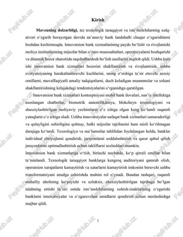 innovatsion bank xizmatlari kontseptsiyasi mobil bank ilovalari, sun’iy intellektga asoslangan chatbotlar, biometrik autentifikatsiya, blokcheyn texnologiyasi va shaxsiylashtirilgan moliyaviy yechimlarni o‘z ichiga olgan keng ko‘lamli raqamli yutuqlarni o‘z ichiga oladi. ushbu innovatsiyalar nafaqat bank xizmatlari samaradorligi va qulayligini oshiribgina qolmay, balki mijozlar tajribasini ham misli ko‘rilmagan darajaga ko‘tardi. texnologiya va ma’lumotlar tahlilidan foydalangan holda, banklar individual ehtiyojlarni qondirish, jarayonlarni soddalashtirish va qaror qabul qilish jarayonlarini optimallashtirish uchun takliflarni sozlashlari mumkin. innovatsion bank xizmatlariga o‘tish, birinchi navbatda, ko‘p qirrali omillar bilan ta’minlandi. texnologik taraqqiyot banklarga kengroq auditoriyani qamrab olish, operatsion xarajatlarni kamaytirish va xatarlarni kamaytirish imkonini beruvchi ushbu transformatsiyani amalga oshirishda muhim rol o‘ynadi. bundan tashqari, raqamli mahalliy aholining ko‘payishi va uzluksiz, shaxsiylashtirilgan tajribaga bo‘lgan talabning ortishi ta’siri ostida iste’molchilarning xohish-istaklarining o‘zgarishi banklarni innovatsiyalar va o‘zgaruvchan umidlarni qondirish uchun moslashishga majbur qildi. innovatsion bank xizmatlari bozori rivojlanishda davom etar ekan, moliya institutlari ko‘plab imkoniyatlar va muammolarga duch kelmoqda. innovatsion yechimlarni muvaffaqiyatli amalga …