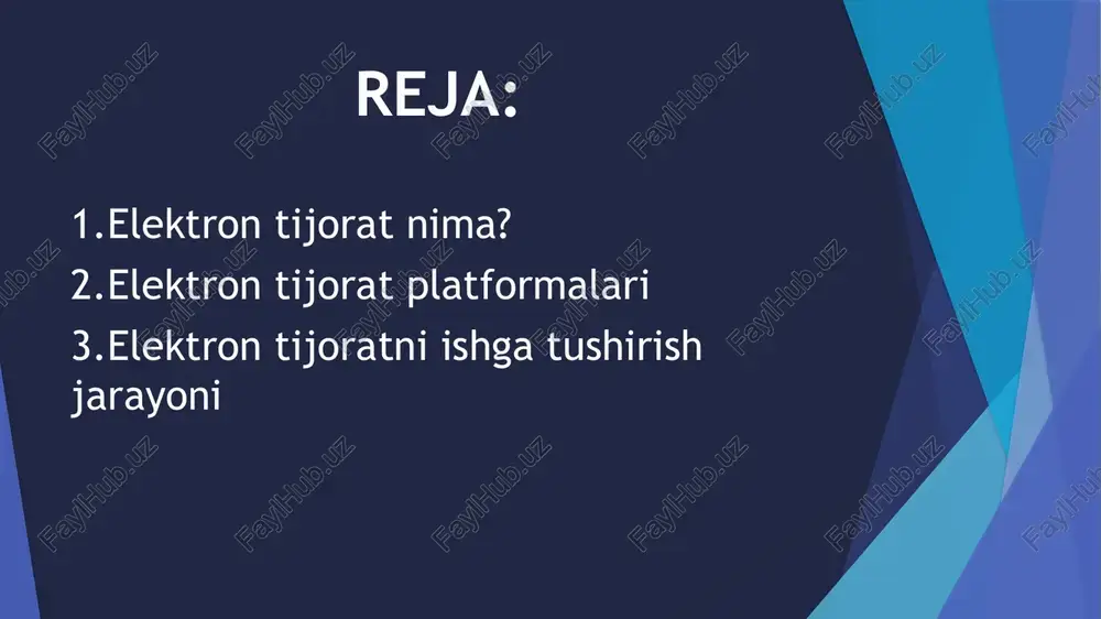 bal auditoriyaga ega.logistika va to‘lovlarni boshqarish oson. kamchiliklari:komissiyalar yuqori bo‘lishi mumkin.maxsus brendni yaratish imkoniyatlari cheklangan. mahalliy platformalar (o‘zbekiston uchun) savdo-sotiq maydonchalari: olx.uz: foydalanuvchilar o‘rtasida mahsulot sotish uchun qulay platforma. asaxiy.uz: o‘zbekiston bozorida keng auditoriyaga ega do‘kon. 3.elektron tijoratni ishga tushirish jarayoni elektron tijoratni ishga tushirish jarayoni bir nechta bosqichni o'z ichiga oladi. bu jarayonni muvaffaqiyatli amalga oshirish uchun har bir bosqichni yaxshi rejalashtirish va bajarish zarur. 1.biznes rejasini tuzish maqsad va strategiya: elektron tijorat do'konining maqsadini aniqlang (masalan, mahsulot sotish, xizmat ko'rsatish, yoki platforma yaratish). bozor tadqiqoti: bozorni, raqobatchilarni va potentsial mijozlarni o'rganing. mahsulot yoki xizmat tanlash: qaysi mahsulot yoki xizmatlarni taklif qilmoqchisiz, ularning bozorga mosligi va talabini aniqlang. 2. texnologik platformani tanlash platformani tanlash: tayyor platformalar (shopify, woocommerce, magento) yoki maxsus dasturiy ta'minot yaratish imkoniyatlarini ko'rib chiqing. domain va hosting: sayt uchun mos domen nomini tanlang va ishonchli hosting xizmatidan foydalaning. 3. veb-sayt yaratish va optimallashtirish dizayn: foydalanuvchilarga qulay …