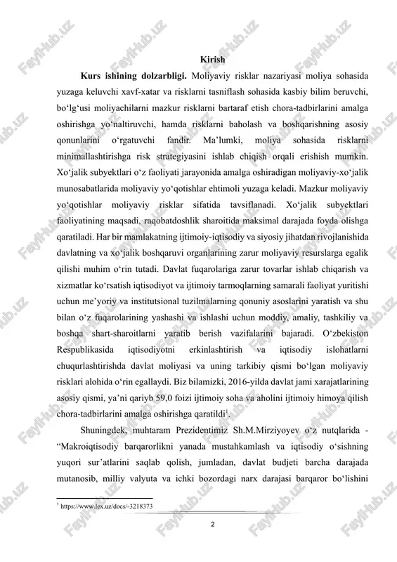y, tashkiliy va boshqa shart-sharoitlarni yaratib berish vazifalarini bajaradi. o‘zbekiston respublikasida iqtisodiyotni erkinlashtirish va iqtisodiy islohatlarni chuqurlashtirishda davlat moliyasi va uning tarkibiy qismi bo‘lgan moliyaviy risklari alohida o‘rin egallaydi. biz bilamizki, 2016-yilda davlat jami xarajatlarining asosiy qismi, ya’ni qariyb 59,0 foizi ijtimoiy soha va aholini ijtimoiy himoya qilish chora-tadbirlarini amalga oshirishga qaratildi[footnoteref:1]. [1: https://www.lex.uz/docs/-3218373] shuningdek, muhtaram prezidentimiz sh.m.mirziyoyev o‘z nutqlarida - “makroiqtisodiy barqarorlikni yanada mustahkamlash va iqtisodiy o‘sishning yuqori sur’atlarini saqlab qolish, jumladan, davlat budjeti barcha darajada mutanosib, milliy valyuta va ichki bozordagi narx darajasi barqaror bo‘lishini ta’minlash – eng muhim ustuvor vazifamizdir”[footnoteref:2] – deya alohida ta’kidlab o‘tdilar. iqtisodiyotda davlat ishtirokini kamaytirish, xususiy mulk huquqini himoya qilish va uning ustuvor mavqeini yanada kuchaytirish, kichik biznes va xususiy tadbirkorlik rivojini rag‘batlantirishga qaratilgan institutsional va tarkibiy islohotlarni davom ettirish maqsadida belgilangan vazifalardan biri korporativ boshqaruvning zamonaviy standart va usullarini joriy etish, korxonalarni strategik boshqarishda aksiyadorlarning rolini kuchaytirish hisoblanadi. ayniqsa, bugungi iqtisodiyotni modernizatsiyalash …