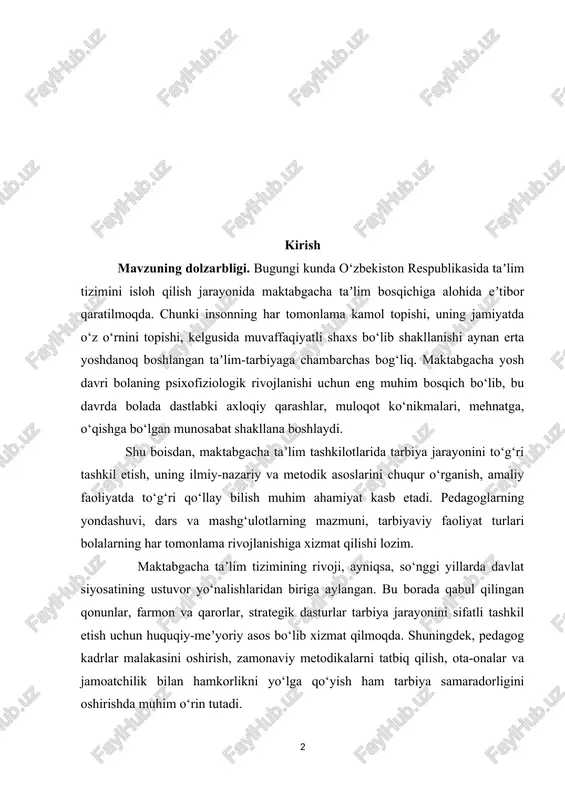 tish uchun huquqiy-meʼyoriy asos bo‘lib xizmat qilmoqda. shuningdek, pedagog kadrlar malakasini oshirish, zamonaviy metodikalarni tatbiq qilish, ota-onalar va jamoatchilik bilan hamkorlikni yo‘lga qo‘yish ham tarbiya samaradorligini oshirishda muhim o‘rin tutadi. shuningdek, bolalarni ijtimoiy hayotga tayyorlash, ularda mustaqil fikrlash, muomala madaniyati, ahloqiy qarashlarni shakllantirishda maktabgacha taʼlim tashkilotlarining o‘rni beqiyosdir. bu bosqichda beriladigan taʼlim va tarbiya bolalarning keyingi bosqichlarda muvaffaqiyatli o‘qishlari, ijtimoiylashuvlari, mehnatga va jamiyatga foydali shaxs bo‘lib kamol topishlari uchun mustahkam poydevor yaratadi. yangi o‘zbekiston taraqqiyot strategiyasida ham maktabgacha taʼlimning qamrovi, sifati va mazmunini oshirish ustuvor yo‘nalishlardan biri sifatida belgilanmoqda. bu esa, pedagogik amaliyotda ilg‘or tajribalarni joriy etish, innovatsion yondashuvlarni qo‘llash, tarbiya metodlarini bolalar ehtiyojlari va zamonaviy talablar asosida shakllantirishni taqozo etadi. shu boisdan, kurs ishining dolzarbligi shundaki, u maktabgacha taʼlim tashkilotlarida tarbiya jarayonini chuqur tahlil qilish, mavjud muammolarni aniqlash va ularni bartaraf etish yo‘llarini taklif etish orqali sohaga ilmiy-amaliy asosda hissa qo‘shishni maqsad qiladi. mazkur kurs ishida maktabgacha taʼlim tashkilotlarida …