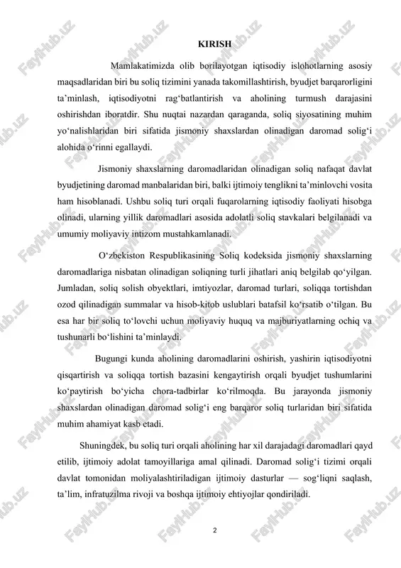 amoyillariga amal qilinadi. daromad solig‘i tizimi orqali davlat tomonidan moliyalashtiriladigan ijtimoiy dasturlar — sog‘liqni saqlash, ta’lim, infratuzilma rivoji va boshqa ijtimoiy ehtiyojlar qondiriladi. mazkur kurs ishida jismoniy shaxslardan olinadigan daromad solig‘ining mohiyati, hisob-kitob tartibi, normativ-huquqiy asoslari va amaliyotda qo‘llanishi tahlil qilinadi. ayniqsa, soliq stavkalari, imtiyozlar va soliqni to‘lash mexanizmlari bo‘yicha misollar asosida o‘rganish orqali, soliq tizimidagi samaradorlik va muammoli jihatlar aniqlanadi. 1.1. jismoniy shaxslardan olinadigan daromad solig‘ining mohiyati, maqsadi, vazifalari va ma’lumot manbalari jismoniy shaxslardan olinadigan daromad solig‘i davlat tomonidan fuqaroning yillik daromadiga nisbatan solinadigan to‘g‘ridan-to‘g‘ri soliqlardan biridir. u soliq tizimining eng asosiy va eng keng qamrovli turlaridan biri bo‘lib, ijtimoiy adolatni ta’minlash, aholining turli darajadagi daromadlarini soliqqa tortish orqali davlat byudjetiga tushumlarni oshirish va iqtisodiy faoliyatni tartibga solishga xizmat qiladi. mazkur soliq turining mohiyati — daromad manbalariga qarab jismoniy shaxslarni soliqqa tortish orqali davlat moliyaviy siyosatini amalga oshirishdan iborat. soliq stavkalari progressiv yoki yassi shaklda bo‘lishi mumkin. ayni paytda …