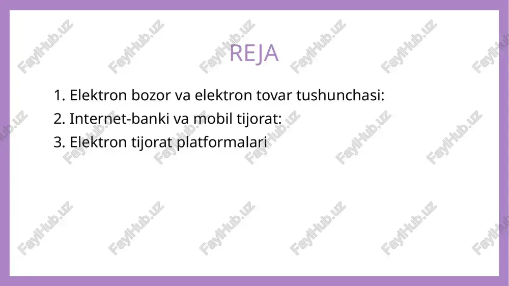 tron tijoratda tovar buyurtmasini qabul qilish, to'lovni amalga oshirish va tovarni etkazib berish jarayonlari amalga oshiriladi. elektron tovarlar moddiy va nomoddiy bo'lishi mumkin: moddiy tovarlar: fizik jihatdan mavjud bo'lgan mahsulotlar. nomoddiy tovarlar: elektron shaklda taqdim etiladigan xizmatlar yoki raqamli mahsulotlar 2.internet-banki va mobil tijorat: internet-banki internet-banki - bu bank xizmatlarini internet orqali taqdim etish tizimi. bu tizim mijozlarga bankka tashrif buyurmasdan, o'z moliyaviy operatsiyalarini amalga oshirish imkonini beradi. internet-banking xizmatlari quyidagilarni o'z ichiga oladi: 1.hisoblarni boshqarish: mijozlar o'z hisoblarini kuzatish, balansni tekshirish va pul o'tkazmalarini amalga oshirishlari mumkin. 2. to'lovlar: kommunal xizmatlar, kreditlar, soliq to'lovlari va boshqa to'lovlarni amalga oshirish imkoniyati. 3. depozitlar va kreditlar: depozit hisoblarini ochish, kredit olish va ularni boshqarish. 4. valyuta operatsiyalari: valyuta kurslarini kuzatish va valyuta ayirboshlash operatsiyalarini amalga oshirish. internet-banking xizmatlari mijozlarga qulaylik, vaqtni tejash va xavfsizlikni ta'minlaydi. masalan, ipoteka bank internet-banking xizmatlari orqali mijozlar o'z hisoblarini boshqarish, to'lovlarni amalga oshirish va boshqa moliyaviy …