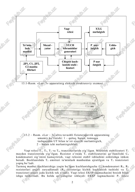 ’lib hisoblanadi. tr2 transformatori induktivligini va s5 kondensator sig’imini o’zgartirish yo’li bilan generator chastotasini zaruriy diapazonda almashtirishga erishiladi. generator uzluksiz yoki impulsli rejimlardan birida ishlashi mumkin. imp (impulsli rejim) tugmachasini bosish bilan apparatning ishlash rejimi o’zgartiriladi. anod – impulsli modulyatsiya sxemasi impulsli rejimni ta'minlaydi. buning uchun l6 anod lampasiga chastotasi 50 gts bo’lgan impulsli kuchlanish beriladi. tarmoq kuchlanishi, temperatura va boshqa faktorlarning o’zgarishiga bog’liq bo’lgan chiqish kuchlanishini turg’unligini ta'minlash uchun l6 lampasining ekranli to’ri va generatorning chiqishi teskari manfiy bog’lanish bilan egallanadi. buning uchun tashqi konturdagi kuchlanishning u yoki bu tomonga berilgan sath (chegara) dan og’ishi l6 lampasining ekranli to’ri kuchlanishini teskari yo’nalishga o’zgarishiga olib keladi, shuningdek tashqi konturning kuchlanishini berilgan miqdorgacha o’zgartiradi. 0,4; 0,6; 0,8 tugmachalar yordamida chiqish quvvati keskin rostlanadi. xg, g va r nurlantirgichlari uchun p3 platasida o’rnatilgan r1, r2, r3, r4, r5, r6, r7, r8, r9, r10 rezistorlari yordamida chiqish quvvati har bir kerakli diapazonda silliq …