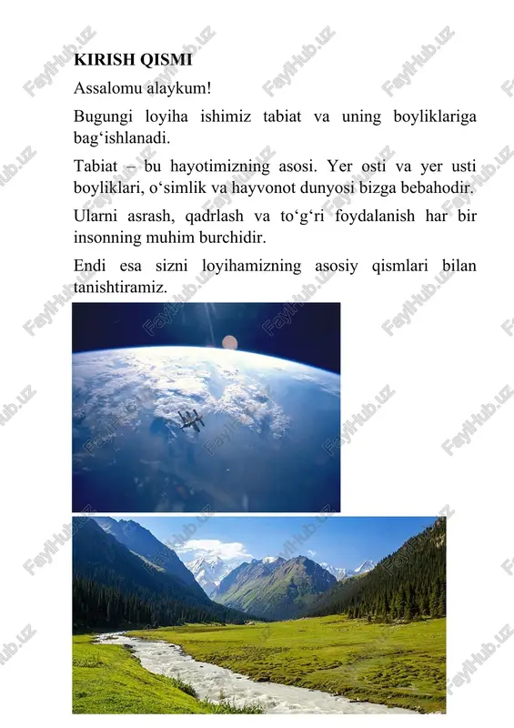 ashkil etilgan. har birimiz daraxt ekish, chiqindilarni tashlamaslik, tejash orqali tabiatga foyda keltirishimiz mumkin. 5. maqollar, saytlar va ishtirokchilar o‘zbek xalq maqollarida tabiatga bo‘lgan hurmat aks etadi: – “tabiat – ona, uni asra.” – “suv hayot, daraxt – baraka.” loyihamizni tayyorlashda quyidagi saytlardan foydalandik: wikipedia.uz, ecology.uz, geo.uz e'tiboringiz uchun rahmat! o‘zbek xalq maqollarida tabiatga bo‘lgan hurmat aks etadi: – “tabiat – ona, uni asra.” – “suv hayot, daraxt – baraka.” loyihamizni tayyorlashda quyidagi saytlardan foydalandik: wikipedia.uz, ecology.uz, geo.uz e'tiboringiz uchun rahmat! asaka tumani 57-maktab 8l-sinf o`quvchilari tomonidan loyiha ishi mavzu: tabiy boyliklar 1. 2. 3. 4. 5. image5.jpeg image6.jpg image7.jpg image8.jpeg image9.jpg image10.jpeg image11.jpg image12.jpg image13.jpg image14.jpg image15.jpeg image16.jpg image17.jpg image1.jpg image2.jpg image3.jpg image4.jpg