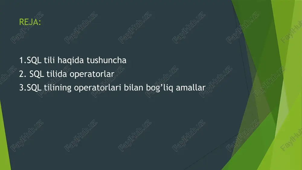 o’llaniladi. arifmetik operatorlar: +, -,*, /, % mantiqiy operatorlar: and, or, not solishtirish operatorlari: =, , =,!= 4.join operatorlari left join, right join, inner join 5.like va between operatorlari 6.order va group operatorlari, group by, order by operatorlari ishlatiladi. 3. sqlda amallar arifmetik amallarga misol: select 5 + 3; -- natija: 8 select 7 * 4; -- natija: 28 bu yerda + va * operatorlari orqali amallar bajarilgan solishtirish operatori misol: select * from ishchilar where oylik > 5000000; bu yerda > operatori orqali amallar bajarilgan mantiqiy operatorlar misol: select * from ishchilar where oylik > 5000000 and idora = 'sotuvlar’; bu yerda “and” operatori ishlatilgan order va group operatori misol: select ustun_nom(lar)i from jadval_nomi where shartli_ifoda group by ustun_nom(lar)i order by ustun_nom(lar)i bu yerda group va order by operatorlari ishlatilgan. like va between operatorlari misol: insert into jadval (ustun1, ustun2, ustun3, ...) values (qiymat1, qiymat2, qiymat3, ...); bu yerda …