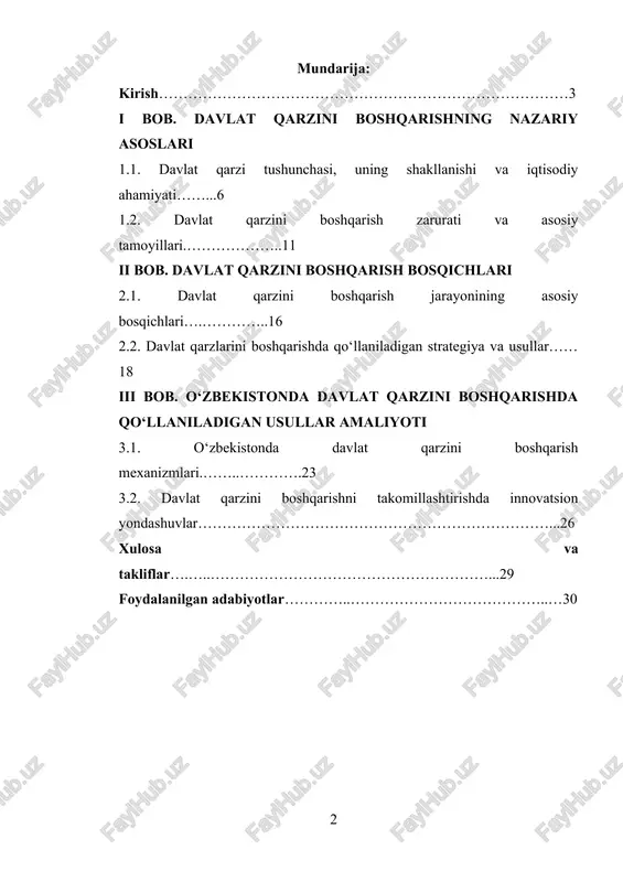 stida qoldiradi. shu sababli, davlat qarzini boshqarish masalasi nafaqat moliyaviy, balki siyosiy va ijtimoiy barqarorlik uchun ham dolzarb ahamiyat kasb etmoqda. davlat qarzini boshqarish samaradorligi uni boshqarish bosqichlari va qo‘llaniladigan usullarga bevosita bog‘liqdir. har bir bosqichda to‘g‘ri strategiya tanlash, qarz mablag‘laridan maqsadli va samarali foydalanish, qarz portfelini diversifikatsiya qilish, xavf-xatarlarni tahlil qilish va boshqarish davlatning moliyaviy mustahkamligi uchun muhim hisoblanadi. o‘zbekiston ham so‘nggi yillarda iqtisodiy islohotlar va jahon moliya bozorlariga integratsiyalashish jarayonida davlat qarzidan foydalanishni faollashtirdi. yirik infratuzilma loyihalari, energetika, transport va ijtimoiy soha rivojlanishi uchun xalqaro va ichki moliyaviy resurslarni jalb etish tajribasi davlat qarzini boshqarishdagi yangi yondashuvlarni shakllantirish zaruratini yuzaga chiqardi. xalqaro moliyaviy institutlar bilan hamkorlikni kengaytirish, qarz shartlarini optimallashtirish va qarz barqarorligini saqlash o‘zbekiston moliyaviy siyosatining ustuvor yo‘nalishiga aylandi. shu nuqtayi nazardan, davlat qarzini boshqarish bosqichlarini chuqur o‘rganish, har bir bosqichda qo‘llaniladigan zamonaviy usullarni tahlil qilish va o‘zbekiston tajribasi asosida takliflar ishlab chiqish bugungi kunda ilmiy va …