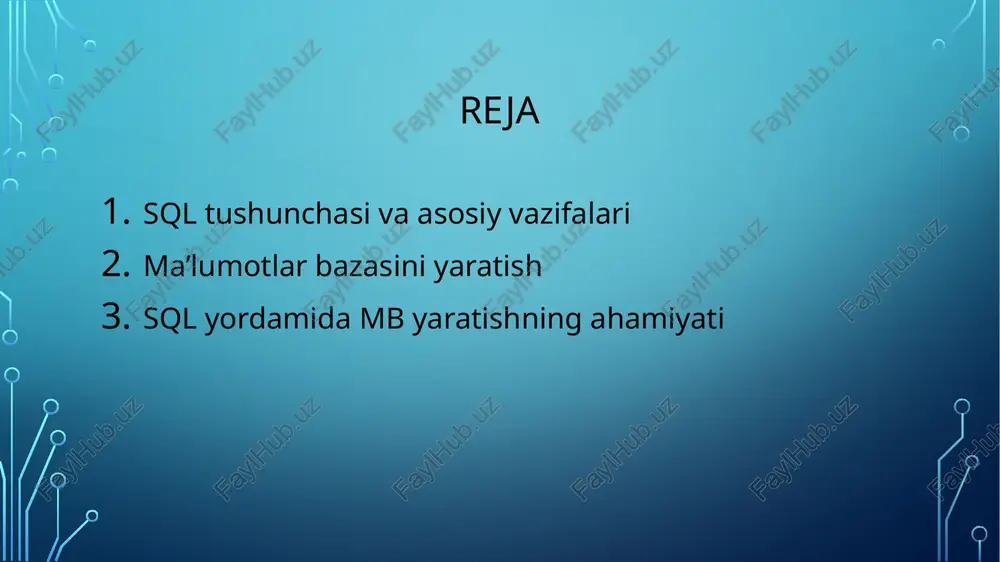 a saqlash imkonini beradi. bu esa ma’lumotlarni osongina izlash, tahlil qilish va boshqarishga yordam beradi. 2.ma’lumotlarni tez va samarali boshqarish sql ma’lumotlar ustida tezkor amallarni bajarish imkonini beradi. katta hajmdagi ma’lumotlarni tezda qo‘shish, o‘zgartirish, o‘chirish va izlash mumkin. 3.ma’lumotlarning yaxlitligini ta’minlash sql da primary key, foreign key, unique, not null kabi cheklovlar mavjud bo‘lib, ular ma’lumotlarning to‘g‘ri va yaxlit saqlanishini ta’minlaydi. bu noto‘g‘ri yoki takroriy ma’lumotlar kiritilishining oldini oladi. 4.xavfsizlik va himoya sql yordamida foydalanuvchilar uchun turli xil huquqlar o‘rnatish mumkin. masalan: ayrim foydalanuvchilarga faqat ma’lumotlarni ko‘rish imkoniyati beriladi boshqalarga esa ma’lumotlarni qo‘shish, o‘zgartirish yoki o‘chirish huquqi beriladi 5.ma’lumotlarga bir vaqtning o‘zida kirish imkoniyati sql ma’lumotlar bazasi bir nechta foydalanuvchining bir vaqtning o‘zida ishlashiga imkon beradi. bu esa korxona yoki tashkilotlarda samarali ish yuritish uchun juda muhimdir. 6. ma’lumotlarni izlash va tahlil qilish imkoniyati sql ning select, where, group by, order by kabi buyruqlari yordamida ma’lumotlarni osongina izlash, saralash va …