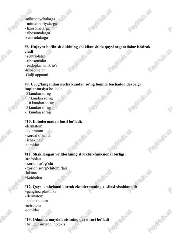 g epiteliysi -xorda, nerv nayi #16. xorionning hosil bo‘lish kurtagi: -homila tugunchasi - mezodermaning parietal varag’i - entoderma, ektoderma -entoderma, mezoderma,ektoderma +trofoblast, homiladan tashqaridagi mezoderma #17. birlamchi jinsiy hujayralar hosil bo‘ladi: +sariqlik xaltasi entodermasida - allantois devorida - urug’ olib chiquvchi yo‘lda -tuxumdonda -sariqlik xaltasi mezodermasida #18. allantois bu: -ektodermaning barmoqsimon o‘simtasi + entodermaning barmoqsimon o‘simtasi - trofoblastning so’rg’ichsimon o‘simtasi -biriktiruvchi to’qima tuzilmasi -mezodermaning barmoqsimon o‘simtasi #19. kortikal reaksiya bu: +urug’lanish qobig’ining hosil bo‘lishi - tuxum hujayra qobig’ining parchalanishi - follikulyar hujayralarning parchalanishi -jinsiy hujayralarning qo‘shilishi -spermatozoidning tuxum hujayraga kirishi #20. etuk tuxum hujayrada qaysi organella bo‘lmaydi? -mitoxondriyalar - ribosomalar + hujayra markazi -polisomalar -lizosomalar #21. gastrulyatsiyada birlamchi chiziq hosil bo‘ladi: -epiboliyada - invaginatsiyada - delaminatsiyada +immigratsiyada -implantatsiyada #22. epiteliy va biriktiruvchi to’qima orasida qanday tuzilma bo‘ladi: +bazal membrana - amorf modda - kollagen tolalar -elastik membrana -hujayralarning oraliqqavati #23. ko‘p qavatli yassi muguzlanmaydigan epiteliy qaerda uchraydi: +og’iz bo‘shlig’ida - …