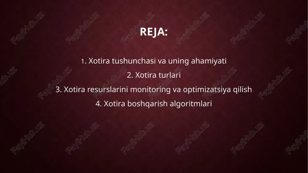 ing oldini oladi. samarali xotira boshqaruvi: yaxshi tashkil etilgan xotira boshqaruvi tizimi resurslarni optimal tarzda ishlatish imkonini beradi. bu tizimdagi xotira resurslarining samarali taqsimlanishi va ulardan maksimal darajada foydalanishni ta'minlaydi. operatsion tizimlar turli xil xotira turlarini ishlatadi, har biri o'z vazifalarini bajaradi va tizimning samarali ishlashini ta'minlaydi. xotira turlari odatda ikki asosiy toifaga bo'linadi: fizik xotira va virtual xotira. fizik xotira — bu kompyuterning haqiqiy apparatiga (ram, kesh xotira, va boshqalar) o'rnatilgan xotira. bu xotira faqat tizimda ishlayotgan jarayonlar va ma'lumotlarni vaqtinchalik saqlash uchun ishlatiladi. ram (random access memory) tushuncha: ram — bu tezkor xotira bo'lib, tizim ishga tushirilganda ishlash uchun zarur bo'lgan barcha ma'lumotlar va dasturlarni vaqtincha saqlaydi. rom (read-only memory) tushuncha: rom — bu doimiy saqlash xotirasi bo'lib, operatsion tizimning ishga tushirilishida kerak bo'ladigan boshlang'ich ma'lumotlarni saqlaydi. cache xotira tushuncha: cache xotira — bu yuqori tezlikda ishlov berish uchun mo'ljallangan kichik, lekin tezkor xotira bo'lib, protsessorda ishlatiladigan ma'lumotlarni …