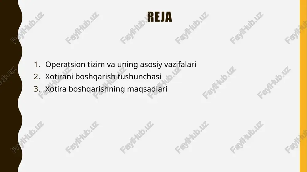 mkon yaratish. xotira yetishmovchiligining oldini olish – virtual xotira va sahifalash orqali muammolarni hal qilish. xavfsizlik va izolyatsiyani ta’minlash – jarayonlarning bir-birining xotirasiga aralashishining oldini olish. tezkorlik va samaradorlikni oshirish – tezkor xotira (ram) va kesh mexanizmlaridan foydalanish. fragmentatsiyani kamaytirish – xotira bo‘shliqlarini optimallashtirish orqali samaradorlikni oshirish. xulosa operatsion tizimlarda xotirani boshqarish kompyuter resurslaridan samarali foydalanish, jarayonlar orasida xotirani taqsimlash va tizimning barqaror ishlashini ta’minlash uchun muhim hisoblanadi. sahifalash, segmentatsiya va virtual xotira kabi usullar yordamida operativ xotira optimallashtiriladi. shuningdek, xavfsizlik va jarayonlarning izolyatsiyasini ta’minlash ham muhim ahamiyatga ega. xotirani samarali boshqarish tizim tezligini oshirish va ko‘p vazifalilikni qo‘llab-quvvatlashga yordam beradi. /docprops/thumbnail.jpeg