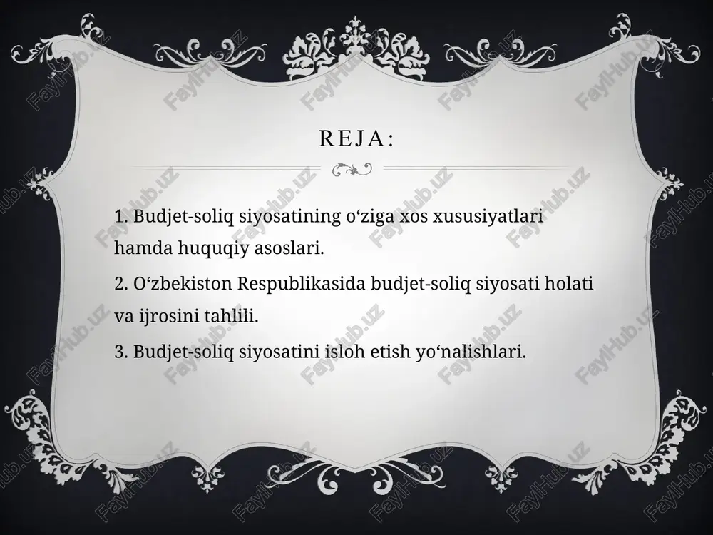 k, qulay soliq muhitini yaratish orqali investitsion faollik rag`batlantiriladi va kapital jamg`arish imkoniyatlari kengaytiriladi. bunday soliq siyosati xx asrning 80-yillarida aqshda samarali joriy etildi va ―reyganomika‖ nomini oldi. oqilona soliqlar - birinchi va ikkinchi shakllar o`rtasidagi shakl hisoblanadi. ushbu soliq siyosatining mohiyati shundan iboratki, yuridik va jismoniy shaxslarga yuqori soliqlar o`rnatilishi bilan bir vaqtda fuqarolarning ijtimoiy himoyasi ham kengaytiriladi, davlatning ijtimoiy dasturlari oshiriladi. 1-jadval. qoraqalpogʻiston respublikasi budjeti, viloyatlar va toshkent shahar mahalliy budjetlari xarajatlarining 2023-yil yanvar-dekabr oylari(mlr.so‘m). budjet-soliq siyosatini isloh etishning bir qancha yo‘nalishi mavjud shulardan: qarzdorlikni pasaytirish: budjetdagi qarzlar va skladlarni kamaytirish uchun to‘g‘ri siyosatlar o‘rniga qo‘yish. ishonchli moliya idorasi yaratish: budjet mablag‘larini to‘g‘ri yo‘nalishga yo‘naltirish uchun ishonchli moliya idorasini rivojlantirish. ishonchsizlikni ortib borish: budjetdan to‘langan mablag‘lar sarflarini nazorat qilish va ta'minlash uchun qo‘shimcha tegishlarni o‘rniga qo‘yish. o‘zlashtirish va sifatni yuksaltirish: budjetdagi mablag‘lar taqsimotini o‘zlashtirish va moliyaviy maslahatlar bilan ishlash, sifatni oshirishga yordam berishi kerak. budjet defitsitini quyidagi belgilar …