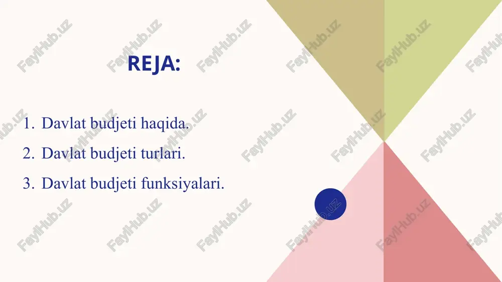 da ahvolning qandayligi to'g' risida ma'lumotlar bilan doimiy ta'minlab turadi. milliy iqtisodiyot istalgan bir sohasi yoki korxonaning mollyaviy ahvoli, albatta, davlat byudjeti bilan bo'ladigan o'zaro munosabatlarda soliqlarda, to'lovlarda byudjetdan moliyalashtirish hajmlarida, byudjet assignovaniyalarini o'zlashtirishda va hokazolarda - o'z ta'sirini ko'rsatadi. e’tiboringiz uchun rahmat! image5.png image6.png image7.png image8.png image1.png image2.svg image2.png image4.svg image3.png image6.svg image4.png image8.svg .msftofcthm_accent1_fill_v2 { fill:#f5cdce; } .msftofcthm_accent3_fill_v2 { fill:#aac3e8; } .msftofcthm_background1_stroke_v2 { stroke:#fdfaf6; }