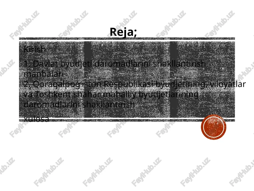 oʻtgan pul mablagʻlari; yuridik va jismoniy shaxslardan, shuningdek chet davlatlardan tushadigan qaytarilmaydigan pul tushumlari; rezident-yuridik shaxslarga berilgan byudjet ssudalarini va chet davlatlarga ajratilgan kreditlarni toʻlash hisobidan toʻlovlar; qonun hujjatlariga muvofiq boshqa daromadlar hisobidan shakllantiriladi. oʻzbekiston respublikasining respublika byudjeti daromadlari: 1) umumdavlat soliqlari, shu jumladan: yuridik shaxslardan olinadigan foyda soligʻi; yagona soliq toʻlovi; jismoniy shaxslardan olinadigan daromad soligʻi; qoʻshilgan qiymat soligʻi; aksiz soligʻi; er qaʼridan foydalanganlik uchun soliq; 2) bojxona bojlari; 3) qoʻshimcha foyda soligʻi; 4) boshqa bk 52-moddasi. qoraqalpogʻiston respublikasi byudjetining, viloyatlar va toshkent shahar mahalliy byudjetlarining daromadlarini shakllantirish 1) belgilangan normativlarga muvofiq umumdavlat soliqlari, shu jumladan: yuridik shaxslardan olinadigan foyda soligʻi; yagona soliq toʻlovi; jismoniy shaxslardan olinadigan daromad soligʻi; tadbirkorlik faoliyatining ayrim turlari boʻyicha qatʼiy belgilangan soliq; qoʻshilgan qiymat soligʻi; aksiz soligʻi; er qaʼridan foydalanganlik uchun soliq; suv resurslaridan foydalanganlik uchun soliq; 2) mahalliy soliqlar va boshqa majburiy toʻlovlar, shu jumladan: mol-mulk soligʻi; er soligʻi; yagona yer soligʻi; ayrim …