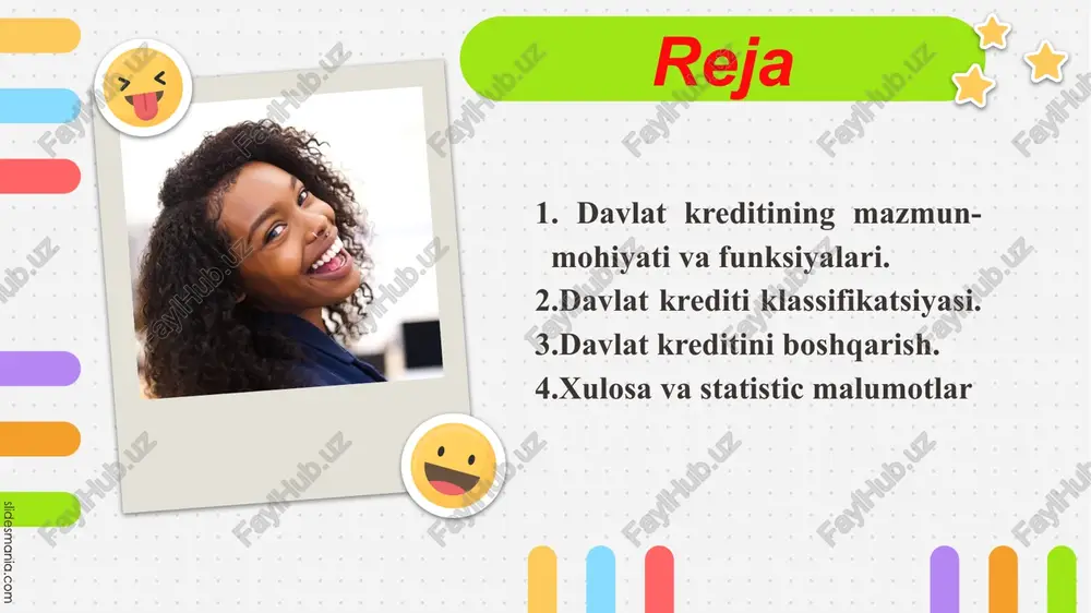 ni moliyalashtiradi xalq krediti kredit beruvchi subyektga qarab muddati bo`yicha . qisqa muddatli kredit (1 yildan kam) odatda, byudjet taqchilligini vaqtincha qoplash uchun olinadi o‘rta muddatli kredit (1–5 yil) iqtisodiy loyihalarni moliyalashtirish va muayyan dasturlarni amalga oshirish uchun olinadi uzoq muddatli kredit (5 yildan ortiq) infratuzilma loyihalari, davlat investitsion dasturlari va ijtimoiy sohalarga yo‘naltiriladi davlat krediti muddati bo`yicha 3 turga bo`linadi majburiyat turi bo‘yicha davlat tomonidan bevosita qarz olinadi va davlat byudjeti hisobidan qaytariladi davlat tomonidan kafolatlangan, ammo mustaqil xo‘jalik yurituvchi subyektlar tomonidan olingan kreditlar agar qarz oluvchi to‘lovni amalga oshira olmasa, davlat uni qoplash majburiyatini oladi to‘g‘ridan-to‘g‘ri kredit garov kafolatli kredit foydalanish maqsadiga qarab budjet taqchilligini qoplash uchun kredit iqtisodiyot rivojlansih uchun kredit ijtimoiy kredit davlat kreditining funksiyalari 2015 2016 2017 2018 2019 davlat krediti budjet taqchilligini qoplash va davlat xarajatlarini moliyalashtirish uchun ishlatiladi . budjetni muvozanatlash funksiyasi davlat kredit tizimi orqali jamiyatdagi moliyaviy resurslar qayta taqsimlanadi davlat mablag‘larni …