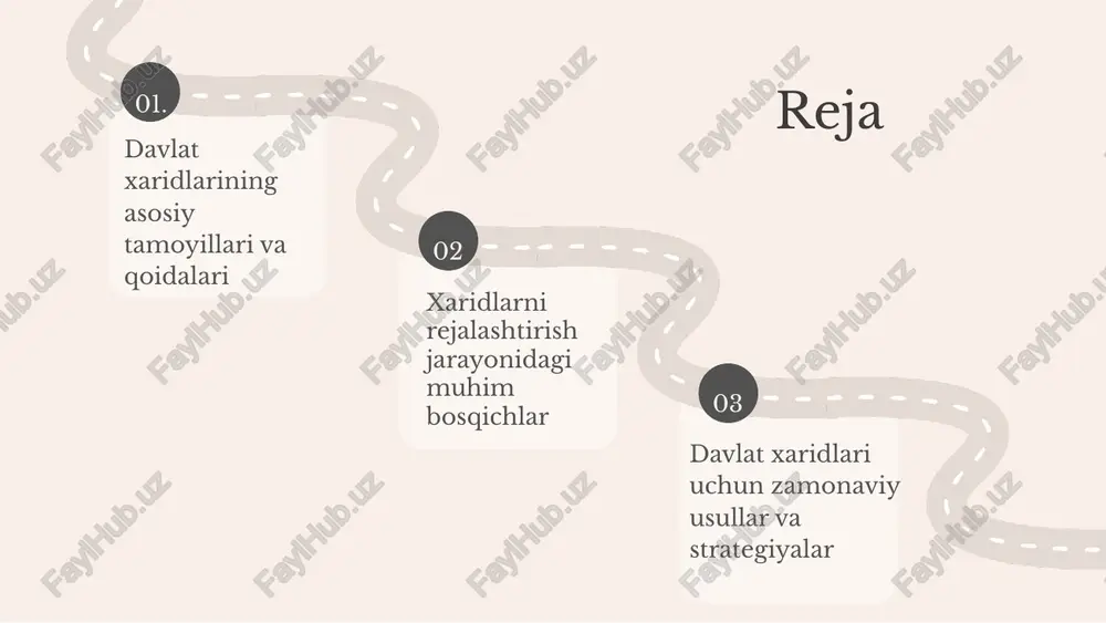 bul shartlarni ta'minlashga yordam beradi. raqobatning asosiy foydalari orasida narxlarning pasayishi va sifatning oshishi mavjud. 2022 yilda tashkil etilgan tenderlar soni 1,200 dan oshdi, bu esa raqobat tamoyilining qanchalik muhimligini ko'rsatadi. samaradorlik tamoyili samaradorlik tamoyili davlat xaridlarida resurslarni maksimal darajada samarali va oqilona ishlatish maqsadida asoslangan. bu tamoyil, davlat xaridlarining har bir bosqichida xarajatlarni kamaytirish va natijalarni yaxshilashga qaratilgan. samaradorlikni oshirish usullari: - tahlil: xaridlar natijalari o'rganilib, imkoniyatlar aniqlanadi. - monitoring: jarayonning har bir bosqichida nazoratni ta'minlaydi. vaqt va mablag'larni tejash davlat xaridlari jarayonining ajralmas qismi hisoblanadi. bu tamoyil asosida jarayonlar tezligi va xarajatlar minimallashtiriladi, natijada davlat xizmatlari sifatini yaxshilash imkoniyatlari oshadi. davlat xaridlarini rejalashtirish jarayoni 4 bosqichdan iborat: talablarni aniqlash; birinchi bosqichda, talablarni aniqlash jarayonida, zarur resurslar va xizmatlar aniqlanadi. rejalashtirishda muhim omillar: bozor sharoitlari, moliyaviy resurslar va davlat siyosati hisobga olinishi kerak xarid rejasini ishlab chiqish; uchinchi bosqichda, xarid rejasini ishlab chiqish jarayonida, xaridlar uchun byudjet va resurslar …