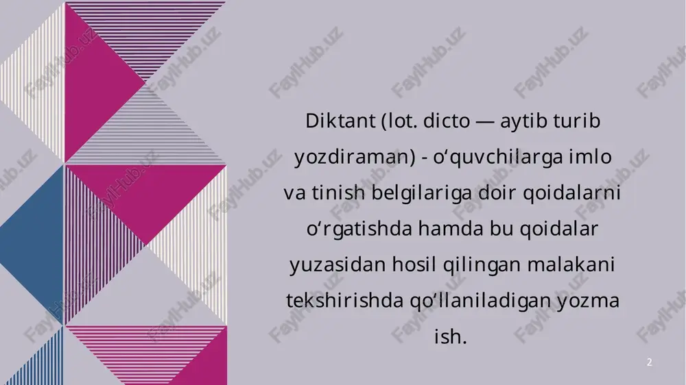 8 ijodiy diktant o`quvchilardan faollik va mustaqillikni talab qiladi. 9 ijodiy diktant: o'quvchilarga bilimlarni ongli ozlashtirishlarida yordam beradi. yozma nutqni togri shakllantiradi. o'quvchilarning ogzaki va yozma nutq boyliklarini oshiradi, nutqiy savodxonlikka orgatadi. o'quvchining ma’naviy kamolotiga, nutq madaniyatining o`sishiga yordam beradi. 10 diktant 5 ballik tizimda baholanadi: -“5” baho - matn husnixat bilan yozilgan, imlo xatolarsiz, yoki 3 tagacha imloviy, 3 tagacha ishoraviy xatolar bo‘lsa; -“4” baho - matn husnixat bilan yozilgan, imlo xatolar soni 4 tagacha, ishoraviy xatolar 4 tagacha bo‘lsa; -“3” baho - matn alifbo me’yorlariga rioya qilgan holda yozilgan, imlo xatolar soni 5 tagacha, ishoraviy xatolar 5 tagacha bo‘lsa; -“2” baho - matn alifbo me’yorlariga rioya qilgan holda yozilmagan, imlo xatolar soni 7 tagacha, ishoraviy xatolar 7 tagacha bo‘lsa; imlo xatolar soni 8 va undan ortiq bo‘lganda diktant baholanmaydi yoki 0 qo‘yiladi. 11 e’tiboringiz uchun rahmat! image1.png image2.svg image2.png image4.svg image6.png image11.svg image8.png image15.svg image7.png image13.svg image3.png image5.png …