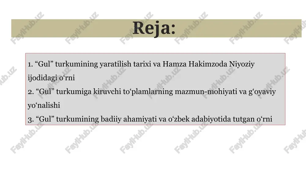 i namoyon etadi. hamzaning “gul” turkumidagi she'rlarida 2 asosiy badiiy uslub yaqqol ko'zga tashlanadi: realizm va romantizm. bu uslublar asarlarga o'ziga xos joziba bag'ishlaydi. “gul” turkumidagi obrazlar olami “gul” turkumidagi obrazlar olami 1918-1919 yillarda yaratilgan bo'lib, unda hamza insonning ma'naviy yuksalishi uchun kurashini aks ettiruvchi 12 dan ortiq she'riy obrazlarni yaratgan. turkumdagi ayrim obrazlar, masalan “yangi hayot guli” va “ozodlik guli” kabi asarlar, hamzaning ijtimoiy adolat va milliy ozodlik ideallarini targ'ib qiluvchi eng muhim 3 ta ramziy ifodalari hisoblanadi. “gul” turkumining ijtimoiy-siyosiy ahamiyati asarlarda 20-asr boshidagi turkistonning siyosiy va ijtimoiy ahvoli, jadidchilik harakati, ma’rifatparvarlik g’oyalari “gul” turkumida o’z ifodasini topgan, bu tarixiy ahamiyatga ega. “gul” turkumida 1920-yillarda jamiyatda roʻy bergan tub oʻzgarishlar, xususan, ayollarning ijtimoiy hayotda faol ishtiroki realistik tasvirlangan, bu muhim siyosiy ahamiyat kasb etadi. “gul” turkumining adabiy tanqiddagi o‘rni "gul" turkumi 20-asr o‘zbek adabiyotida yangi poetik shakllarni, xususan, erkin vazn va semantik o‘zgarishlarni kiritishdagi ahamiyati bilan adabiy tanqidda …