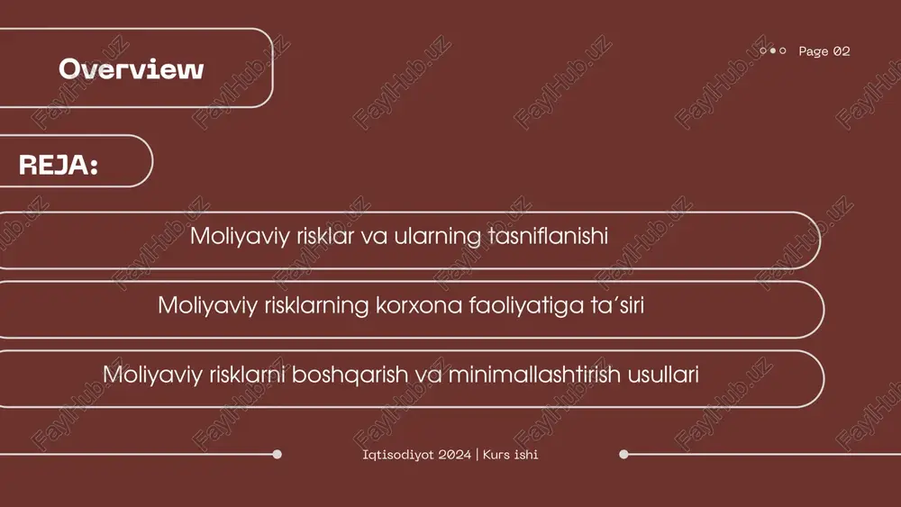 risklar; uzoq muddatli risklar; 3. olinadigan natijaga qarab risklar: spekulyativ risk - ular ta’sirida katta zarar yoki katta foyda olish imkoniyati bor; sof risklar - ular ta’sirida nolga teng bo‘lgan zarar(foyda) ko‘rish mumkin; 4. loyihaga ta’sir etish darajasi bo‘yicha risklar quyidagilarga bo‘linadi: mumkin bo‘lgan risklar - ular ta’sirida kutilgan foydadan ayrilish mumkin; kritik risklar - loyiha pul tushumlaridan ayrilish xatari; katastrofik risklar - daromaddan va kiritilgan investitsiyalardan ayrilish xatari. misol uchun tadbirkorlik riskining tabiatini tushunish uchun riskning foyda bilan aloqasini o‘rganish o‘ta muhim ahamiyatga ega. tadbirkorlik noaniqlik sharoitida risk qilishga tayyorligini ko‘rsatadi, chunki yo‘qotish riski bilan birga qo‘shimcha daromad olish imkoniyati ham mavjud. holbuki, tadbirkor foyda olishi kafolatlanmagan yaqqol ma’lum, u sarflagan vaqti, harakati va qobilyatlari uchun mukofot tariqasida foyda olishi ham, zarar ko‘rishi ham mumkun. 1-rasmda foydaning riskka bog‘liqliligini ko‘rsatadi. siz risk kamroq (r1=0) yechimini tanlashingiz mumkun, lekin bundan olinadigan foyda (f1) ham kam bo‘ladi, eng yuqori riskda esa …