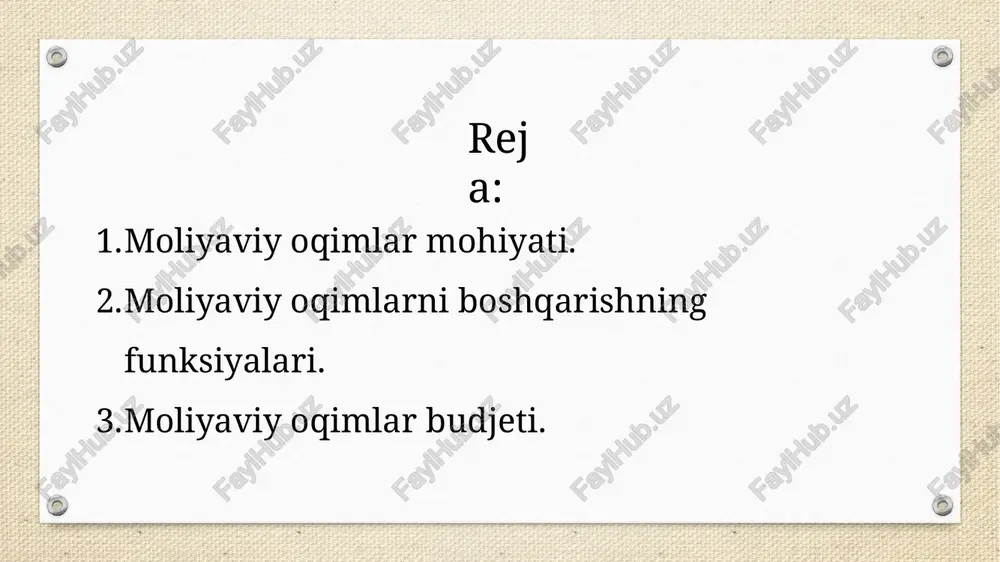ishlarni ko‘radigan va bu holda moliyaviy oqimlar ustidan nazoratni amalga oshiruvchi arbitrajlik sudlari tomonidan bajariladi. moliyaviy oqimlar moliyaviy resurslar aylanishining qonuniyatlariga muvofiq ravishda, ko‘zda tutilgan tartibda va rejada aks ettirilgan hajmda, ishlab chiqarish va sotsial vazifalarni samarali yechish uchun kerak bo‘lgan tarzda va takror ishlab chiqarish siklini pul mablag’lari bilan to‘liq ta’minlash tarzida amal qilsa, bularning barchasi, moliyaviy oqimlarning samarali ekanligidan dalolat beradi. moliyaviy oqimlarning samaradorligi pul mablag’larining yetarli bo‘lmagan hajmda va o‘z vaqtida tushmaganligida pasayadi. moliyaviy oqimlar ritmining buzilishi resurslarning doiraviy aylanishi va daromadlarning olinishida uzilishlarning bo‘lishiga, moliyaviy-iqtisodiy faoliyatda keskin yo‘qotmalarning bo‘lishiga olib keladi. moliyaviy oqimlar moddiy resurslarning uchrashma harakatini o‘zida aks ettiradi. ular orqali iqtisodiyotning makro va mikrodarajalarida korxonalar, firmalar, korporasiyalar va boshqalarda mulkdan foydalanishning holati, dinamikasi va samaradorligi nazorat qilinadi. moliyaviy oqimlar budjeti bu haqiqatda turli davriy muddatlarda hisoblanadigan korxonaning moliyaviy rejasidir. turli davrlar uchun moliyaviy oqimlarning bashoratli budjetlarini tuzish korxonaning to‘lovga qobillik darajasini oshirishga imkon beradi …