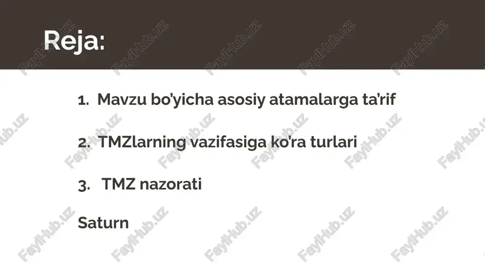 tashkilotlarida tovar-moddiy zaxiralar nazorati bu davlat yoki jamoat moliyasi bilan ta’minlangan tashkilotlar (masalan, maktablar, shifoxonalar, davlat idoralari) faoliyatida qo’llaniladigan tovar moddiy zaxiralarning (tmz) saqlanishi, sarflanishi va ulardan samarali foydalanilishi ustidan doimiy, tizimli kuzatuv va boshqaruv jarayonidir. 01 important concepts mohiyati nazoratning asosiy mohiyati tmzdan qonuniy maqsadga muvofiq va iqtisodiy jihatdan oqilona foydalanishni ta’minlash, shu bilan birga moliyaviy resurslarning isrof bo’lishi talon-taroj qilinishi yoki noto’g’ri ishlatilinishining oldini olishdir. bu jarayon budjet mablag’larining shaffofligi va hisobdorlikni ta’minlashga yordam xizmat qiladi. byudjet tashkilotlarida tovar moddiy zaxiralar (tmz) nazoratini tashkil etishning maqsadi - tashkilotlarda bunday zahiralar hajmini asosli tashkil qilinganligi, saqlanishi, sarflanishi va harakatini buxgalteriya hisobida to'g'ri va aniq aks ettirilishini tekshirishdan iborat. budjet tashkilotlarida tovar-moddiy zaxiralarning rejalashtirilishi, maqsadli sarflanishi va maqsadli ishlatilinishini ta’minlashga oid normative-huquqiy hujjatlar: o’zb. res. budjet kodeksi; ‘‘budjet tashkilotlari va budjet mablag’lari oluvchilarning xarajatlar smetasi va shtat jadvallarini tuzish, tasdiqlash va ro’yxatdan o’tkazish tartibi to’g’risida’’gi nizom o’zb. res. budjet tizimi …