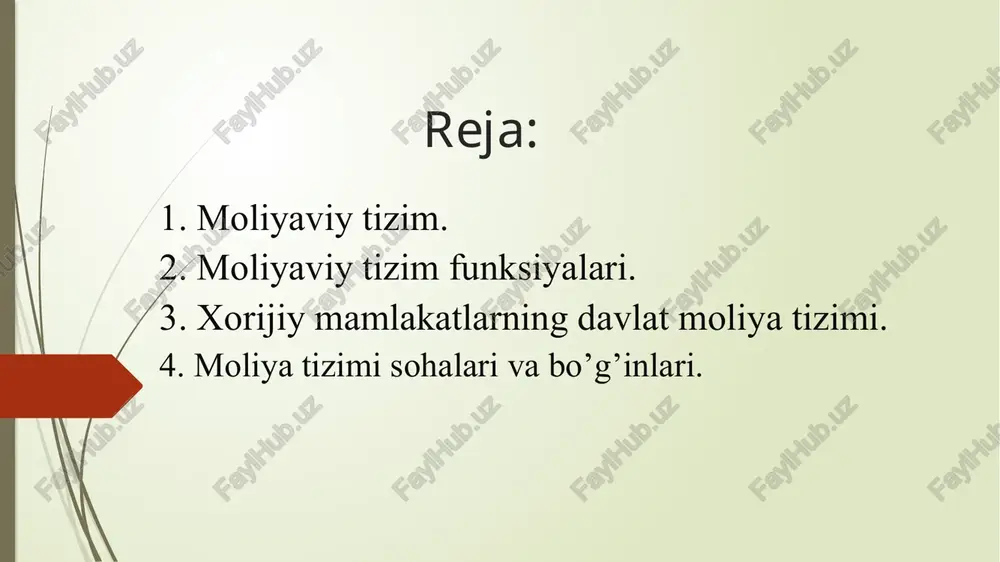 tadigan bozor joyi moliyaviy bozorlar deb ataladi. moliyaviy resurslarning samarali taqsimlanishidan iborot moliyaviy tizim bosh funksiyasi tahliliga asosan, tahlilning ko’proq umumiy darajasida bu tizimning quyidagi 6 ta bazaviy yoki muhim funksiyalari to’g’risida gapirish mumkin. iqtisodiy resurslarning vaqt bo’ylab, davlat chegarasi orqali va iqtisodiyotning bir tarmog’idan boshqasiga o’tish usulini ta’minlash; riskni boshqarish usullarini ta’minlash; moliyaviy resurslarni birlashtirish va turli korxonalarda egalikning bo’linishi mexanizimini ta’minlash; iqtisodiyotning turli tarmqlarda qaror qabul qilishining markazlashtirilmagan jarayonini muvofiqlashtirish imkonini beradigan narx-navo axboroti bilan ta’minlash; stimullashtirish muammolarini hal qilish usullarini ta’minlash. savdoga imkon yaratadigan hisob kitobni amalga oshirish va kliring usullarini ta’minlash rivojlangan xorijiy mamlakatlarning davlat moliya tizimi moliyaviy munosabatlarning quyidagii bo’ginlaridan iborat: davlat korporatsiyalari moliyasi. davlat budjeti tizimi; davlat krediti va mahalliy hokimiyat organlari kreditlari, federativ davlatlarda esa – federatsiya a’zolatining krediti; maxsus nobudjet fondlari; moliya tizimi xo'jalik yurituvchi sub'ektlar moliyasi davlat moliyasi va mahalliy moliya tijorat korxonalari va tashkilotlari moliyasi davlat byudjeti moliyaviy vositachilar moliyasi …