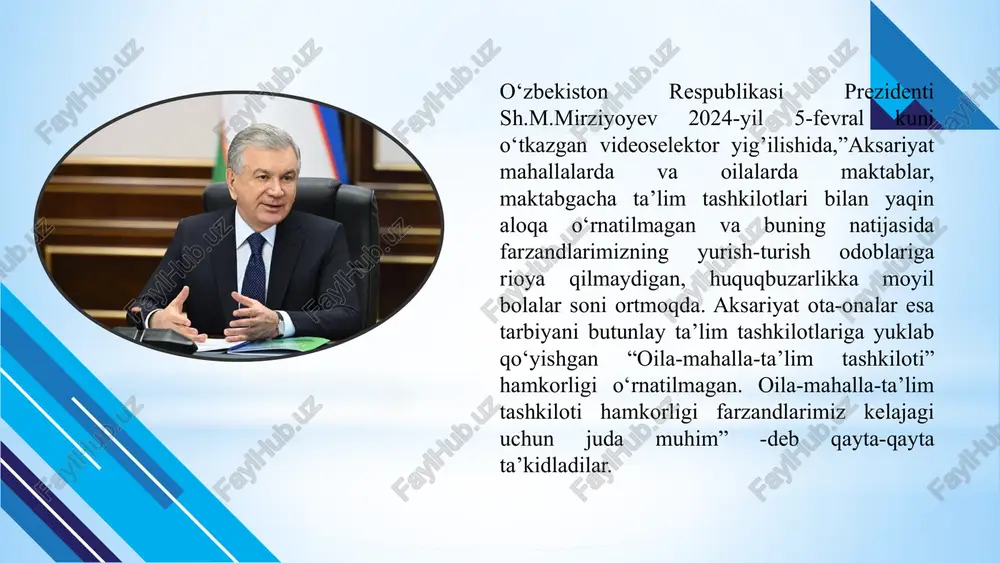 nishiga ta'siri haqida ma'lumot beradi. pedagoglar uchun samarali ishlash metodlarini taqdim etadi.muharrir s.ashirov onlayn ilmiy-amaliy konferensiyasi ma'ruzalari.(toshkent 2021) maktabgacha ta'limni rivojlantirishga oid o‘quv materiallari va ilmiy konferensiyalar pedagoglarga oilalar va jamoatchilik bilan samarali hamkorlik qilishni o‘rgatadi.. maqsad mttda hamkorlik va raqobat muhitini shakllantirish, jamoatchilik nazoratini kuchaytirish shakllarini o‘rganish hamda taklif va tavsiyalar ishlab chiqishdan iborat 8 mavzuning vazifasi: 1. ota-onalar bilan hamkorlik aloqalarini o‘rnatish va ularning psixologik va pedagogik mahoratini qo‘llab-quvvatlash 2. bolalar uchun yaxshilangan ta'lim va tarbiya sharoitlarini yaratish 3. mttda raqobat orqali ta’lim sifatini oshirish 4. mttda sifatli ta’limni oshirish uchun jamoatchilik nazoratini kuchaytirish mavzuning yoritilganli- gi hamkorlik-jamiyatga bo’lgan qiziqishni oshirishva qo’llab-quvvatlash orqali mtt bolalari uchun xavfzsiz va qo’llab- quvvatlovchi muhit yaratadi sog’lom raqobat yaratish mtt sifatini oshirish ta’limdagi yangiliklarni qabul qilish innovatsiyalarni amalga oshirish, tajriba almashish va ilg’or pedagogik metodlarni sinovdan o’tkazadi jamoatchilik nazorati bu davlat hokimiyati va boshqaruv organlari hamda nodavlat tashkilotlar faoliyati ustidan fuqarolar,ularning birlashmalari …