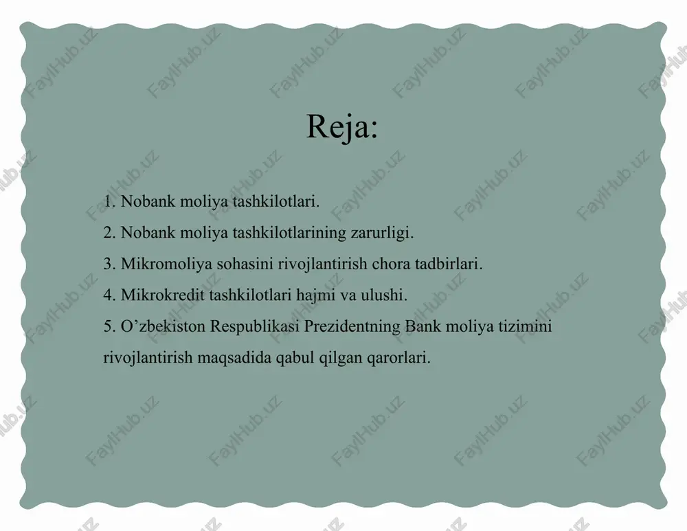 redit tarixini yaratish vositasi ham hisoblanadi. dunyo tajribasiga ko‘ra moliya tashkilotlari uchta guruhga bo‘linadi: rasmiy institutlar norasmiy institutlar yarim rasmiy institutlar nobank kredit tashkilotlarining resurs bazasi quyidagi manbalardan tashkil topadi: a) ustav kapitali; b) boshqa tashkilotlarga berilgan moliyaviy yordam; c) o‘zining a‘zolaridan jalb qilingan pul mablag‘lari; d) tijorat banklarining kreditlari; e) sof foyda; f) foyda hisobidan shakllantirilgan zaxiralar; g) o‘tgan yillarning taqsimlanmagan foydasi. nobank moliya kredit muassasalarining zarurligi: jahon amaliyoti ko'rsatishicha faqat nobank kredit muassasalari jahon moliyaviy-iqtisodiy inqirozi sharoitida kuchli tebranishga uchramagan; nobank kredit tashkilotlarining rivojlanishi norasmiy kreditlash sektorini qisqartiradi, moliyaviy xizmatdan foydalanish esa mijoz faoliyati shaffofligini oshiradi; tijorat banklari har qanday operatsiyani yuksak darajada bajara olmaydi. shu sababli alohida bank operatsiyalarini bajarishga ixtisoslashgan kredit tashkilotlari zarur. nobank kredit tashkilotlari sohasini izchil isloh qilish, faoliyatini tartibga soluvchi qoidalarni tizimlashtirish va unifikatsiyalash maqsadida "nobank kredit tashkilotlari va mikromoliyalash faoliyati to'g'risida" gi qonun loyihasi ishlab chiqildi. ushbu loyiha o'zbekiston respublikasi prezidentining 2020-yil …