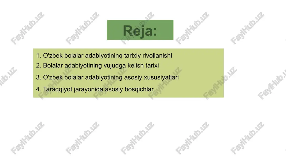 02 bolalar adabiyotining rivojlanishi xalqning madaniy va ma'naviy qadriyatlarini yosh avlodlarga etkazish uchun muhim ahamiyat kasb etdi. bu tarixda muhim bosqichdir. 03 o'zbek bolalar adabiyotining asosiy xususiyatlari o'zbek bolalar adabiyoti vujudga kelishi yosh avlodning ma'naviy bilimlarini oshirish uchun muhim ahamiyatga egadir. bu yozma asarlar yoshlarni tarbiyalar. milliy uyg'onish harakati adabiyot rivojiga turtki bo'lib, milliy qadriyatlarni shakllantirishda muhim ro'l o'ynadi. bolalar adabiyoti milliy ruh bilan boyidi. o'zbek bolalar adabiyotining asosiy xususiyatlari milliylik, axloqiy tamoyillar va yoshlar tarbiyasining samaradorligini ta'minlaydi. bu yozma meros avlodlardan avlodlarga o'tadi. 01 03 02 taraqqiyot jarayonida asosiy bosqichlar 01 02 03 03 milliy uyg'onish harakati o'zbek adabiyotida yangi avlod uchun mahalliy va milliy istiqlol ruhini shakllantirdi. bu rivojlanishni tezlashtirdi va mustahkamladi. o'zbek bolalar adabiyoti tarixida ilk bosqichlar milliy adabiyotning rivojlanishi bilan bog'liq. bu jarayon yosh avlod uchun muhim bo'ldi. taraqqiyot jarayonida asosiy bosqichlar, yozuv tizimini takomillashtirish, adabiyot turlarini rivojlantirish va yosh o'quvchilar uchun mavzular yaratildi. milliy uyg'onish …