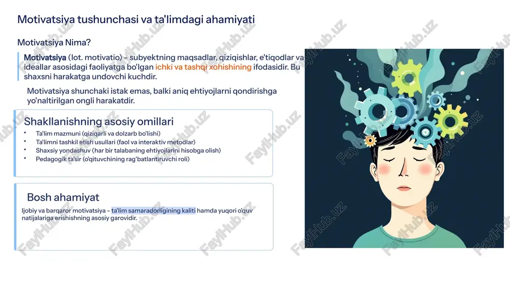 nishga intilish. bu eng barqaror va samarali motiv turi hisoblanadi. 2 ijtimoiy motivlar guruh yoki jamoa bilan bo'lish, jamoadagi o'rnini mustahkamlash, tengdoshlari orasida tan olinish va hurmatga sazovor bo'lish istagi. 3 shaxsiy motivlar o'z-o'zini tasdiqlash, yuqori maqsadlarga erishish, raqobatda g'alaba qozonish va shaxsiy g'ururni qondirishga qaratilgan intilish. 4 kasbiy motivlar kelajakda muvaffaqiyatli kasb egallash, professional o'sish va malakani oshirish orqali hayotiy maqsadlarga erishishni istash. 5 o'z-o'zini rivojlantirish motivlari doimiy shaxsiy kamolotga, o'z salohiyatini to'liq ro'yobga chiqarishga va hayotiy ko'nikmalarni egallashga bo'lgan ichki ehtiyoj. 4 yosh xususiyatlari va motivatsiyaga ta'siri talabalarni motivlashtirish usullari ularning yosh davrlariga va psixologik xususiyatlariga qarab o'zgarishi zarur. har bir davrning o'ziga xos ehtiyojlari bor. chaqaloqlik instinktlar, boshlang'ich reflekslar, hissiy ehtiyojlar — (ta'lim motivatsiyasi shakllanmagan) go'daklik kattalarga bog'liqlik, atrofdagi dunyoni o'rganish ijobiy hissiy muhit va o'yin orqali rag'batlantirish o'smirlik tanqidiy fikrlash, o'zgaruvchan qiziqishlar, guruhda tan olinish mustaqillik berish, tan olinish, muloqot va muhokamalarga jalb qilish 10-12 sinf …