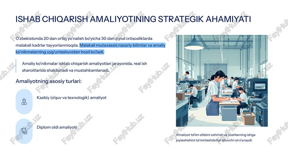 anch bo'lishi kerak. 4 ishab chiqarish amaliyoti bosqichlari amaliyot turli maqsad va mazmunga ega bo'lgan uch asosiy bosqichdan iborat bo'lib, ular bir-birini mantiqiy ravishda to'ldiradi. bosqich asosiy maqsad mazmun (asosiy vazifalar) o'quv amaliyoti mustahkamlash nazariy bilimlarni ta'lim muassasasi ustaxonalarida amalda tatbiq etish, oddiy operatsiyalarni o'rganish. texnologik amaliyot tanishish haqiqiy ishlab chiqarish korxonasi texnologiyasi va jarayonlari bilan yaqindan tanishish. diplom oldi amaliyot umumlashtirish barcha bilimlarni takomillashtirish, loyiha yoki diplom ishiga oid materiallarni to'plash va tayyorlash. bu bosqichlar bitiruvchining kasbiy kompetentligini bosqichma-bosqich oshirishni ta'minlaydi. 5 o'quv xonalari va ustaxonalarini tashkil etish talablari o'quv xonalari ta'lim jarayonining yuqori samaradorligini ta'minlash uchun zamonaviy standartlarga javob berishi lozim. ishlab chiqarish operatsiyalari talabalarning real ishlab chiqarish operatsiyalarini o'rganishi uchun sharoitlar yaratish. zamonaviy jihozlar amaliy ko'nikmalarni zamonaviy asbob-uskunalar va texnologiyalarda shakllantirish. xavfsizlik texnikasi barcha xavfsizlik me'yorlariga qat'iy rioya qilish va talabalarga ushbu qoidalarni o'rgatish. ustaxonalar tadqiqotchilik ishlarini amalga oshirish va texnikaviy ma'lumotlarni taqdim etish imkoniyatiga ega bo'lishi …