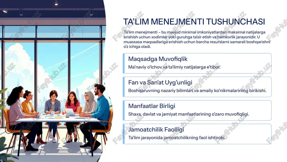 alari ta'lim muassasasi rahbarlari maqsadlarga erishishda turli usullarni qo'llaydilar. metodlar vaziyatga qarab o'zgaradi va bir-birini to'ldiradi. metod mazmun qo'llanilishi iqtisodiy moddiy rag'batlantirish, mukofotlash, bonuslar va qo'shimcha to'lovlar. innovatsion faoliyatni, yuqori sifatli ishlarni rag'batlantirish. tashkiliy-ma'muriy qarorlar, buyruqlar, ko'rsatmalar berish, majburiy qoidalar. tartib-intizomni, jarayonlarning aniq bajarilishini ta'minlash. ijtimoiy-psixologik erkin harakat, ishonch, jamoa ichida ijobiy munosabatlar yaratish. ijodiy muhitni rivojlantirish va kadrlar o'rtasidagi hamkorlikni kuchaytirish. axborot to'plash doimiy ma'lumot yig'ish, qayta ishlash va tahlil qilish. vaziyatni to'g'ri baholash va asosli qarorlar qabul qilish. 5 rahbarlik uslublari va ularning ta'sirlari rahbarlik uslubi jamoaning ish muhitiga va samaradorligiga bevosita ta'sir ko'rsatadi. har bir uslubning o'ziga xos afzalliklari va kamchiliklari mavjud. avtoritar (direktiv) ➕ aniq tartib, tez qarorlar. ➖ tashabbusni bo'g'adi, passivlikni oshiradi. demokratik (kollegial) ➕ ijodkorlik, faollik, xodimlarning ishdan qoniqishi. ➖ ko'p vaqt talab qiladi, qaror qabul qilish sekinlashadi. liberal (erkin) ➕ xodimlarga to'liq erkinlik berish. ➖ nizomsizlik, boshqaruvning susayishi, past unumdorlik. eng optimal yondashuv …